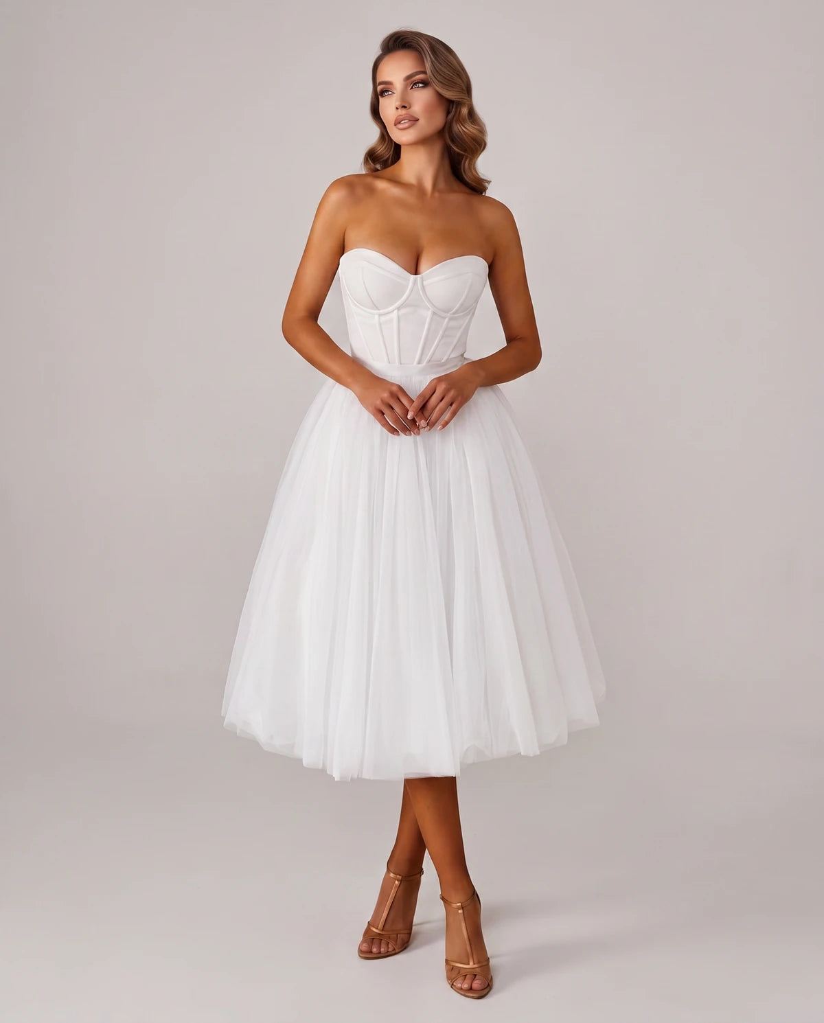 Pomona Midi Dresses — White | SKU: SD-38566-white-2,SD-38566-white-4,SD-38566-white-6,SD-38566-white-8,SD-38566-white-10,SD-38566-white-12,SD-38566-white-14,SD-38566-white-14W,SD-38566-white-16,SD-38566-white-16W,SD-38566-white-18W,SD-38566-white-20W