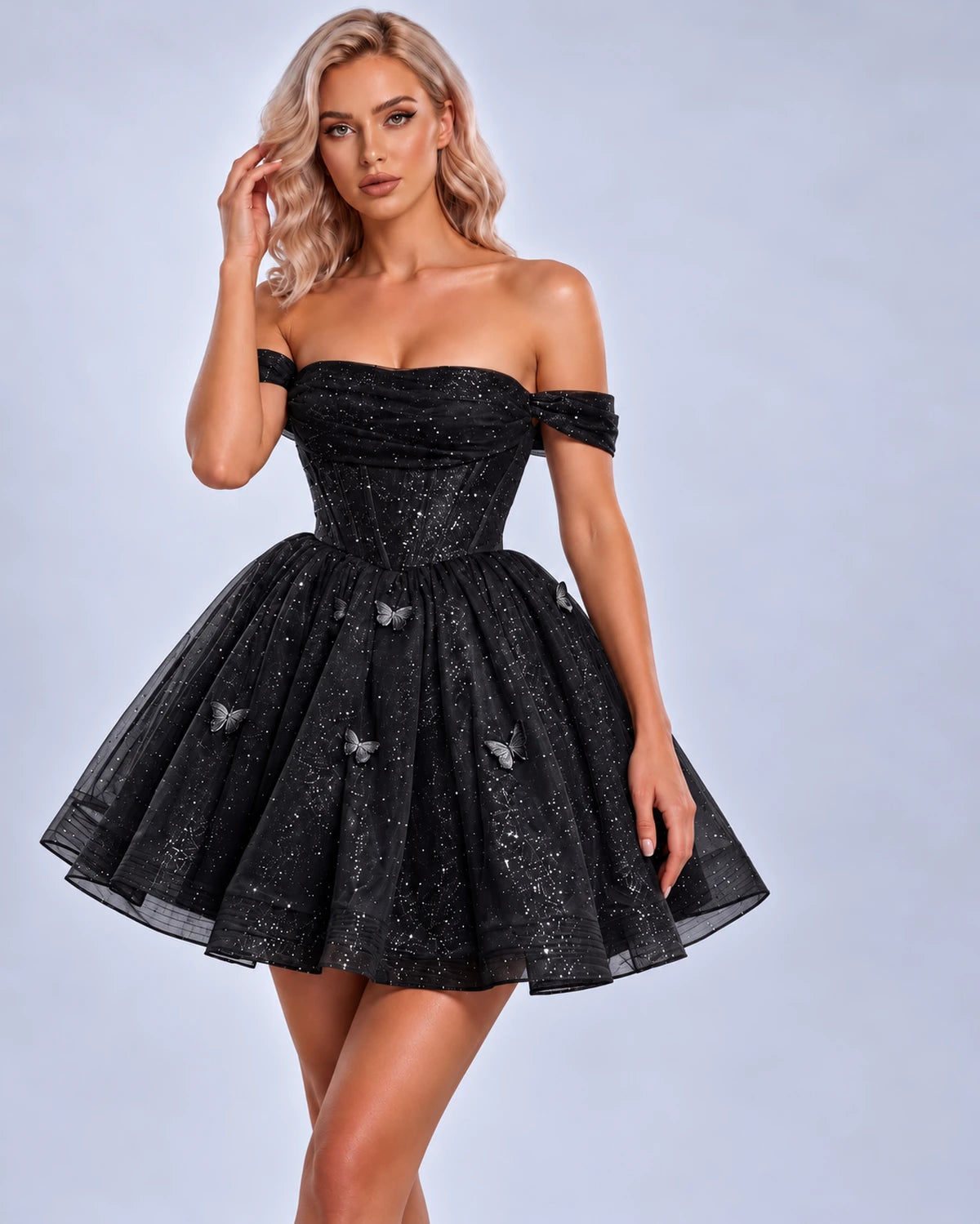 Quiterie Mini Dress — Black | SKU: SD-28995-black-2,SD-28995-black-4,SD-28995-black-6,SD-28995-black-8,SD-28995-black-10,SD-28995-black-12,SD-28995-black-14,SD-28995-black-14W,SD-28995-black-16,SD-28995-black-16W,SD-28995-black-18W,SD-28995-black-20W