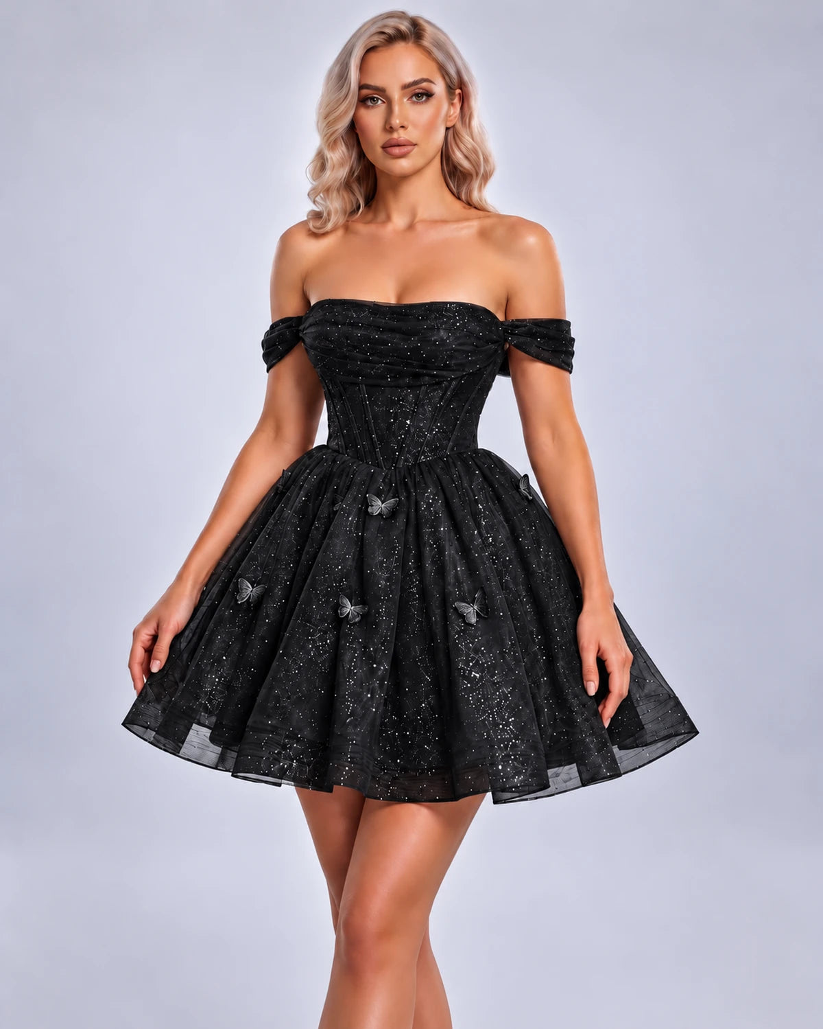 Quiterie Mini Dress — Black | SKU: SD-28995-black-2,SD-28995-black-4,SD-28995-black-6,SD-28995-black-8,SD-28995-black-10,SD-28995-black-12,SD-28995-black-14,SD-28995-black-14W,SD-28995-black-16,SD-28995-black-16W,SD-28995-black-18W,SD-28995-black-20W