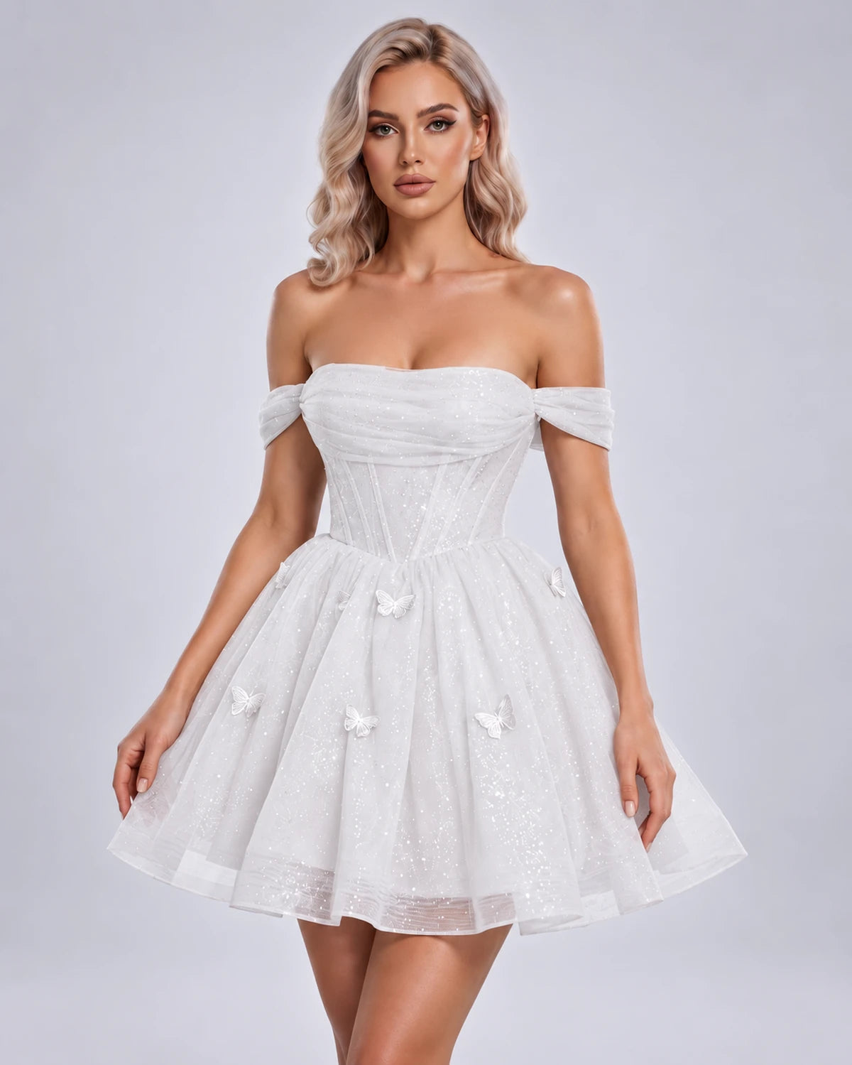 Quiterie Mini Dress — White | SKU: SD-28995-white-2,SD-28995-white-4,SD-28995-white-6,SD-28995-white-8,SD-28995-white-10,SD-28995-white-12,SD-28995-white-14,SD-28995-white-14W,SD-28995-white-16,SD-28995-white-16W,SD-28995-white-18W,SD-28995-white-20W