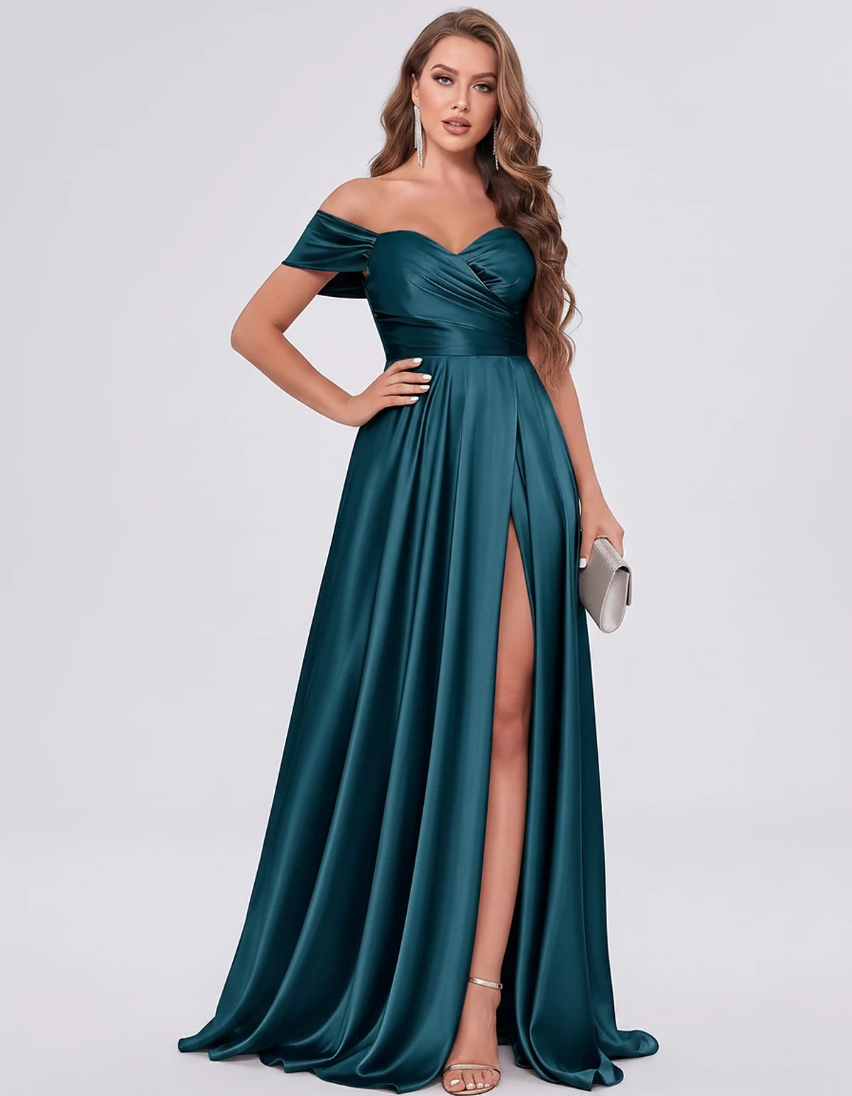 Satin Off-the-Shoulder Sweetheart A-Line Maxi Dress with Slit for Party, Cocktail, Evening, Wedding Guest, Bridesmaid & Summe