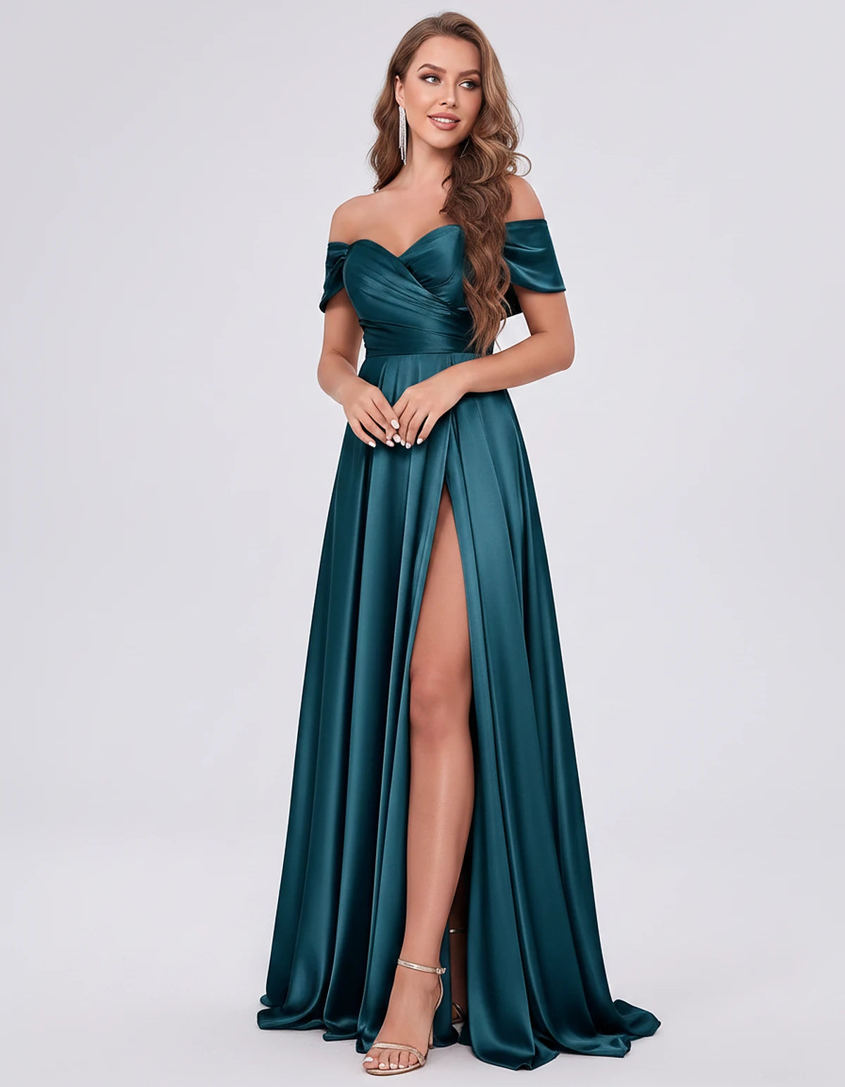 Satin Off-the-Shoulder Sweetheart A-Line Maxi Dress with Slit for Party, Cocktail, Evening, Wedding Guest, Bridesmaid & Summe