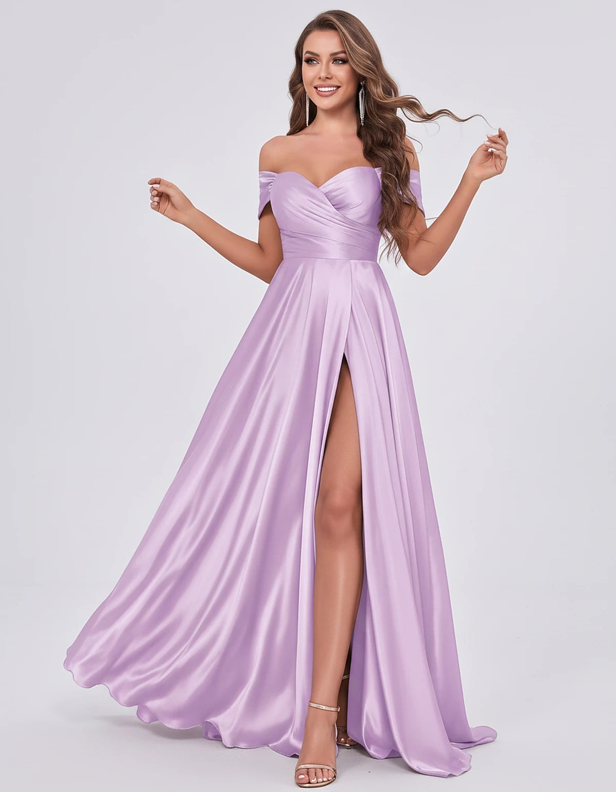 Satin Off-the-Shoulder Sweetheart A-Line Maxi Dress with Slit for Party, Cocktail, Evening, Wedding Guest, Prom & Summer Even
