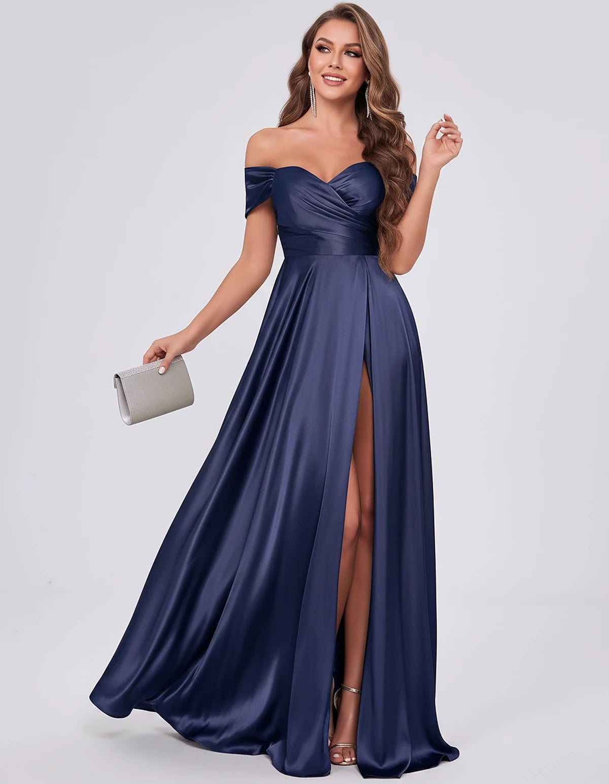Satin Off-the-Shoulder Sweetheart A-Line Maxi Dress with Slit for Party, Cocktail, Evening, Wedding Guest, Prom & Summer Even