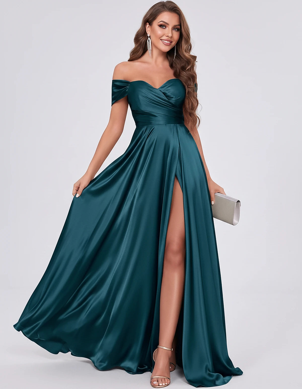 Satin Off-the-Shoulder Sweetheart A-Line Maxi Dress with Slit for Party, Cocktail, Evening, Wedding Guest, Prom & Summer Even