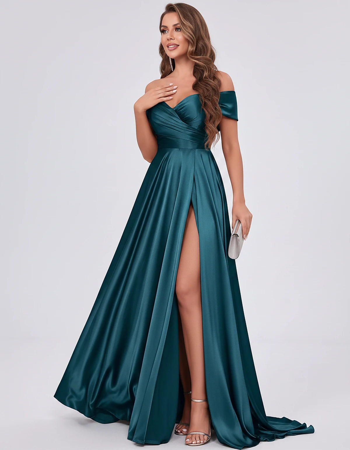 Satin Off-the-Shoulder Sweetheart A-Line Maxi Dress with Slit for Party, Cocktail, Evening, Wedding Guest, Prom & Summer Even