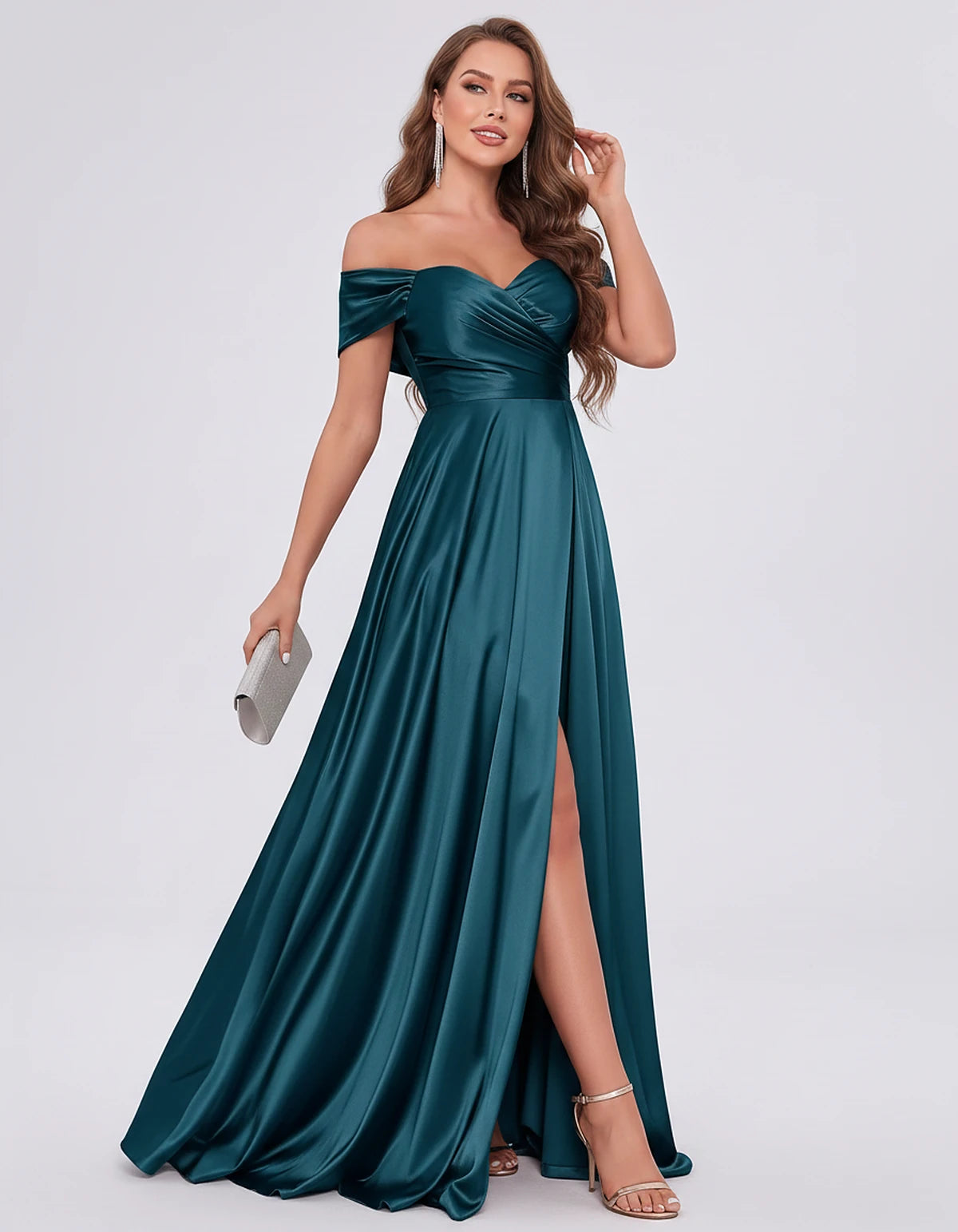 Satin Off-the-Shoulder Sweetheart A-Line Maxi Dress with Slit for Party, Cocktail, Evening, Wedding Guest, Bridesmaid & Summe