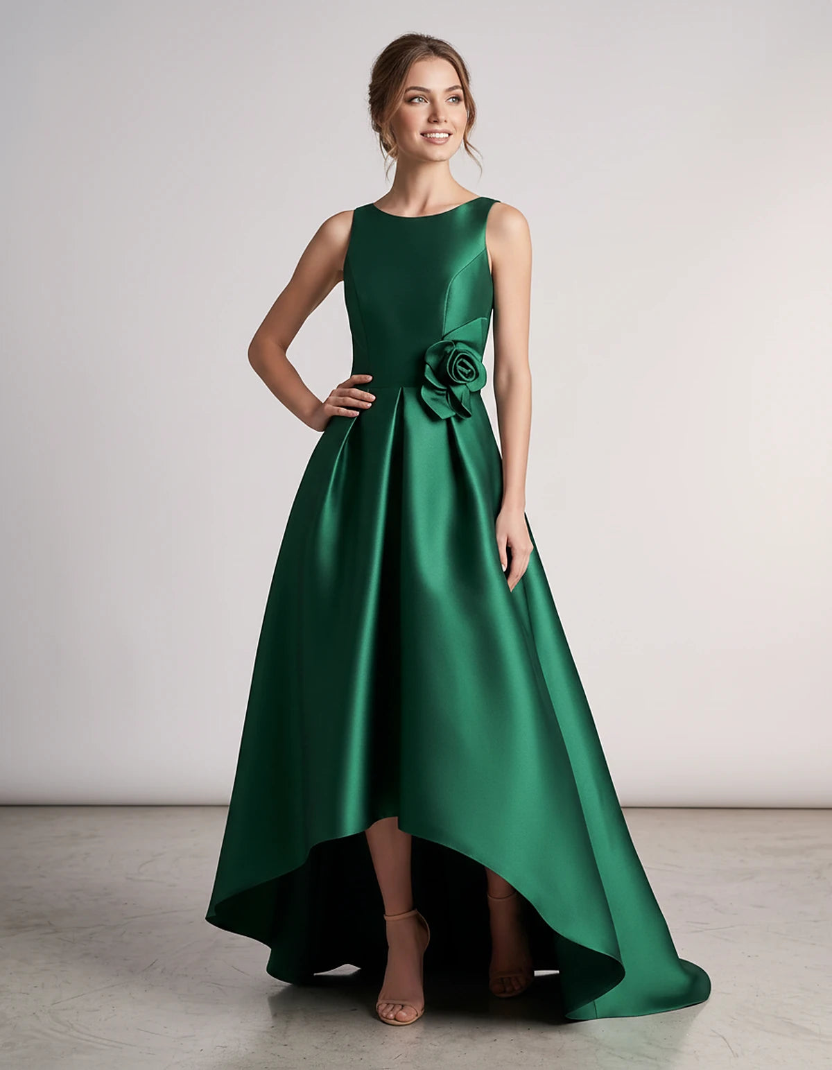 Satin Sleeveless Crew Neck A-Line High-Low Maxi Dress with Pockets for Wedding Guest, Party, Cocktail, Evening & Formal Event