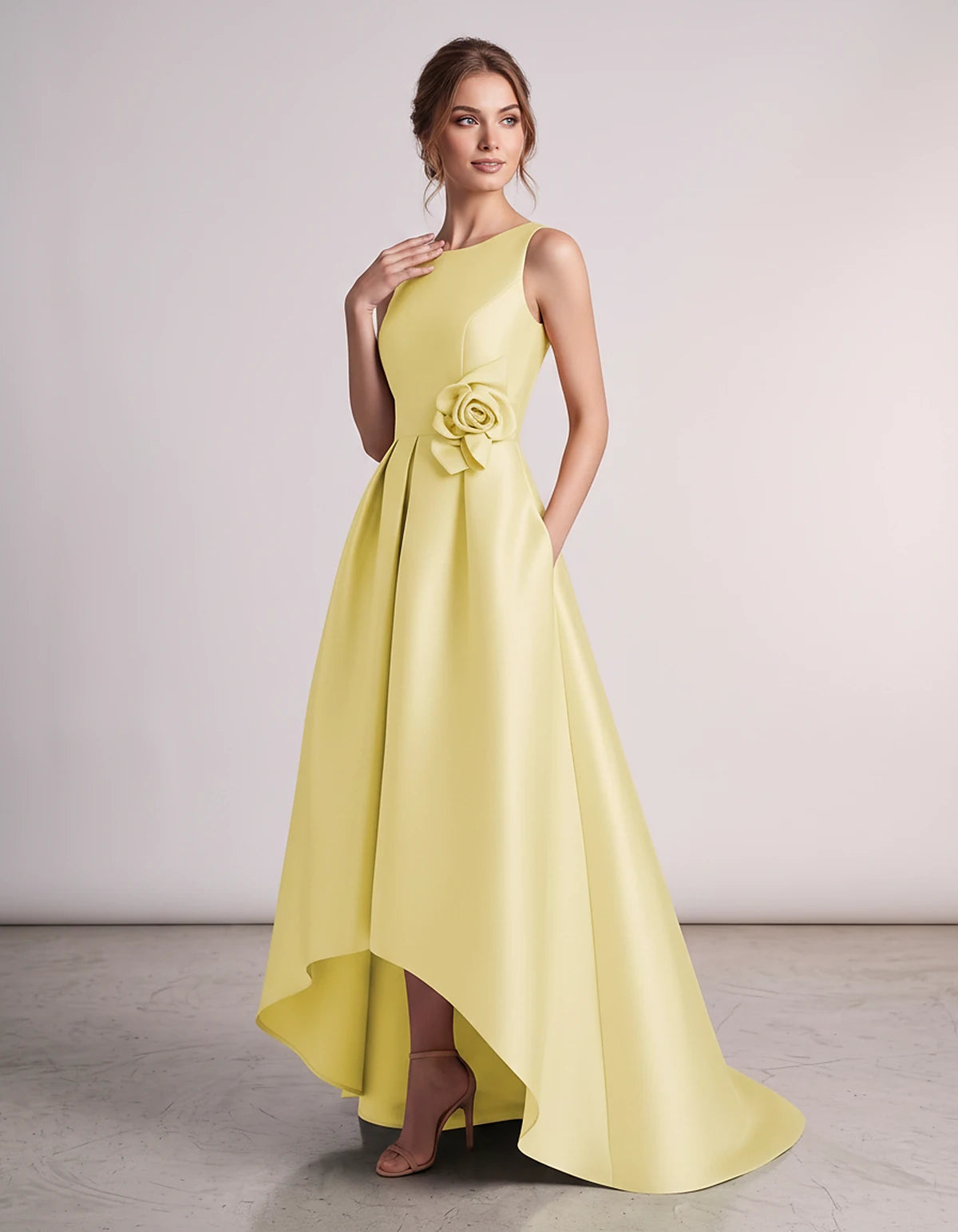 Satin Sleeveless Crew Neck A-Line High-Low Maxi Dress with Pockets for Wedding Guest, Party, Cocktail, Evening & Formal Event