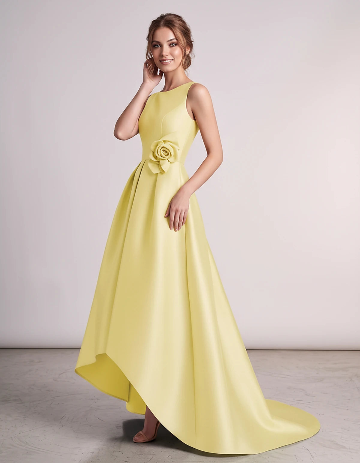 Satin Sleeveless Crew Neck A-Line High-Low Maxi Dress with Pockets for Wedding Guest, Party, Cocktail, Evening & Formal Event