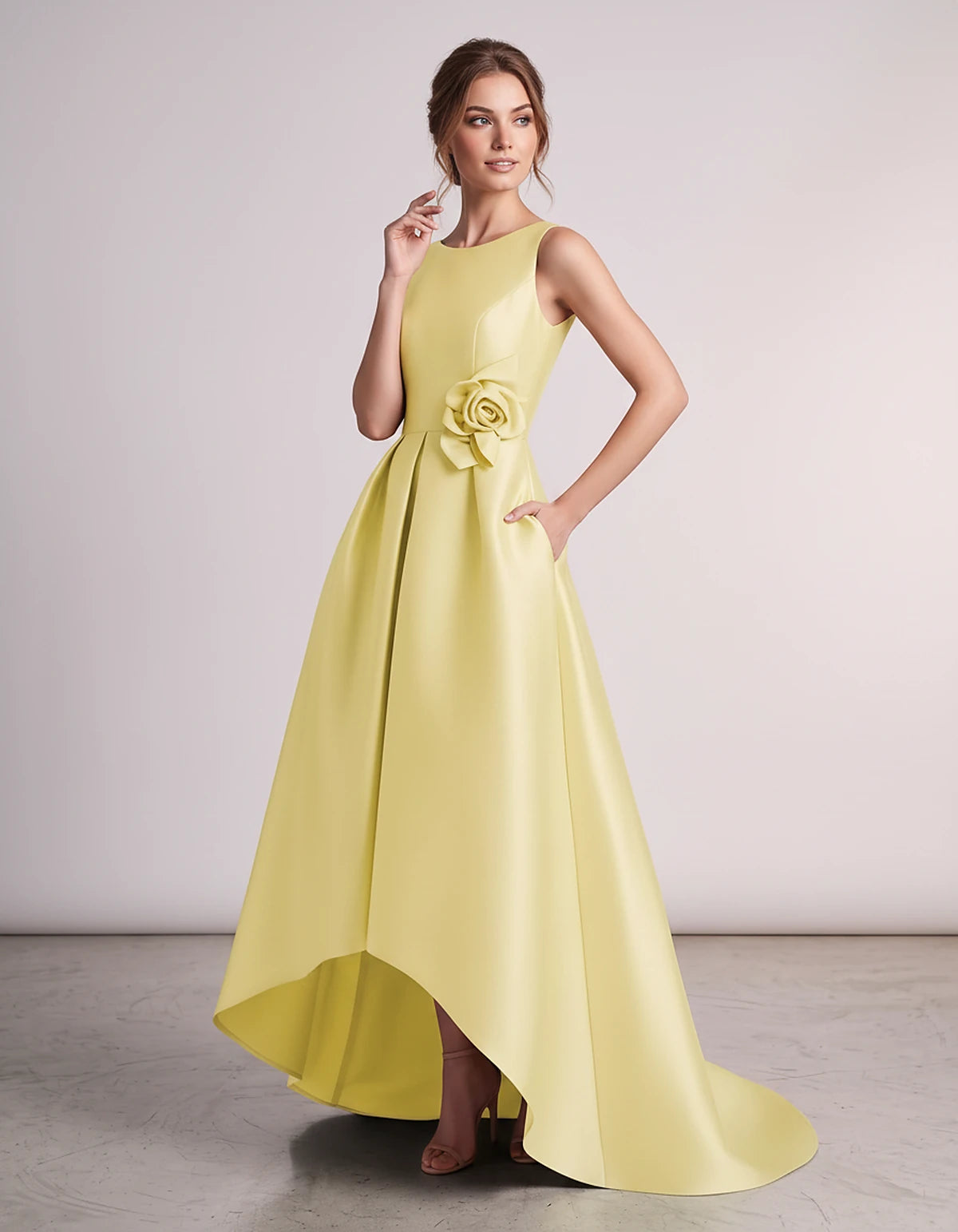 Satin Sleeveless Crew Neck A-Line High-Low Maxi Dress with Pockets for Wedding Guest, Party, Cocktail, Evening & Formal Event