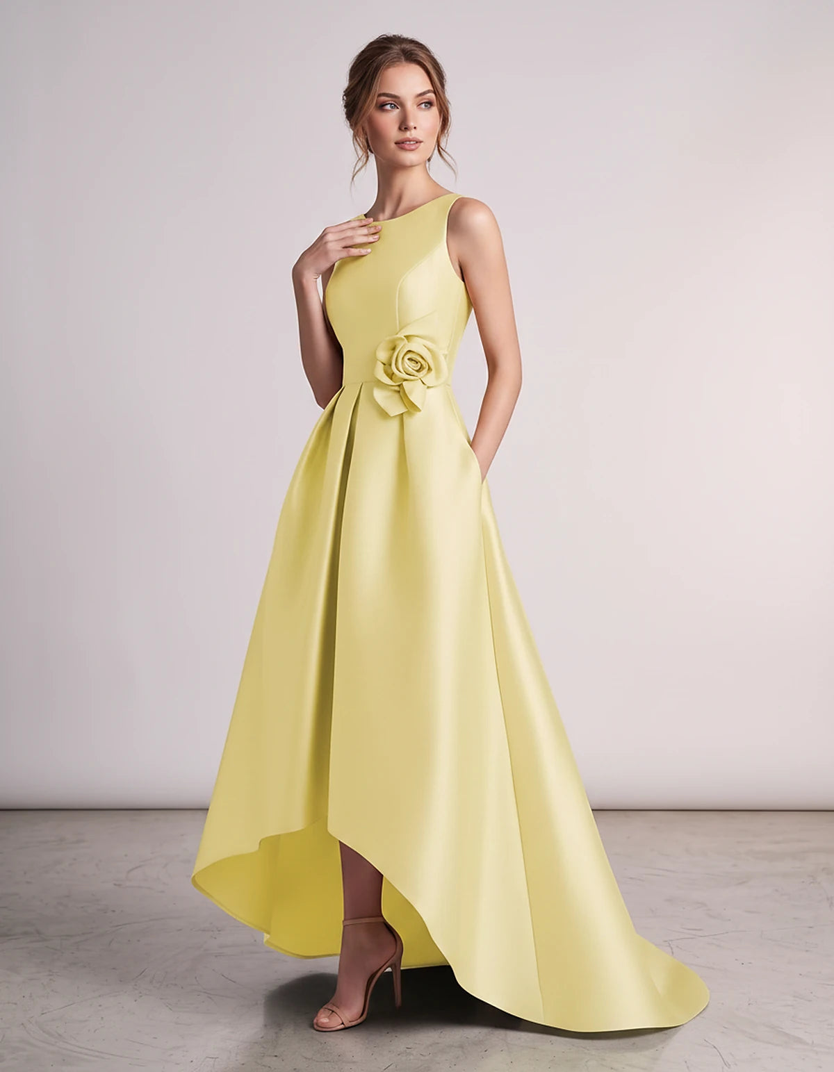 Satin Sleeveless Crew Neck A-Line High-Low Maxi Dress with Pockets for Wedding Guest, Party, Cocktail, Evening & Formal Event