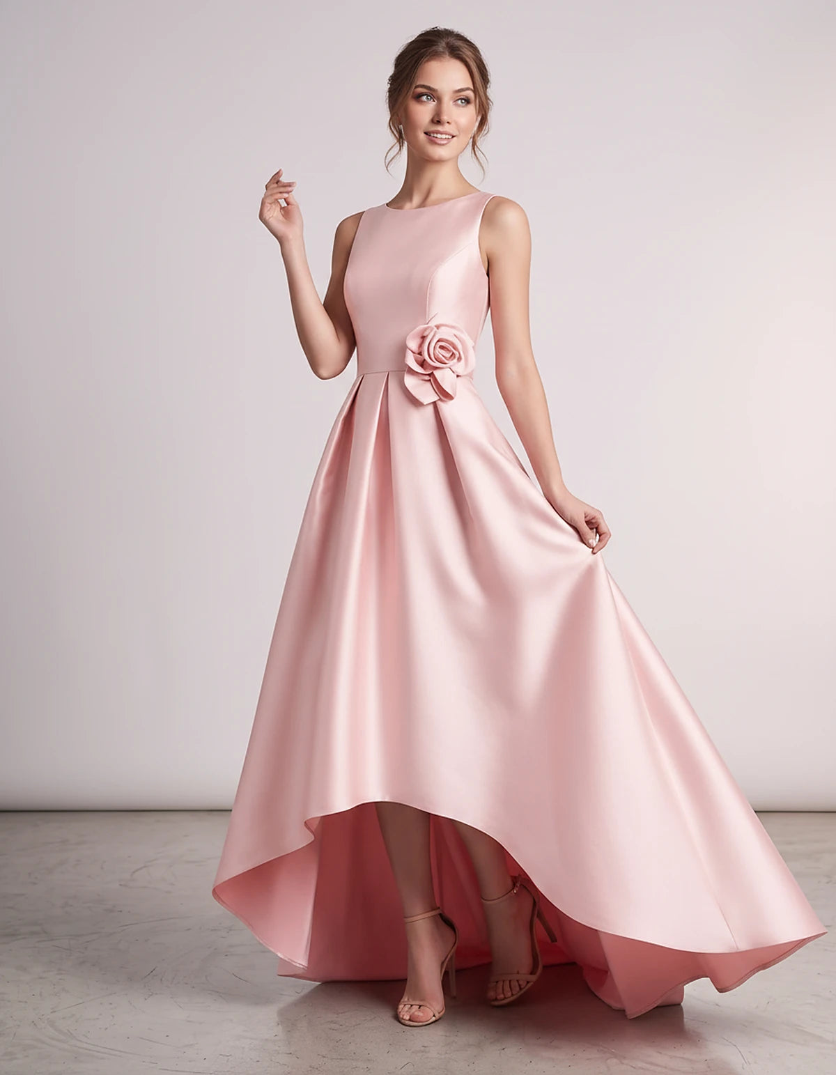 Satin Sleeveless Crew Neck A-Line High-Low Maxi Dress with Pockets for Wedding Guest, Party, Cocktail, Evening & Formal Event