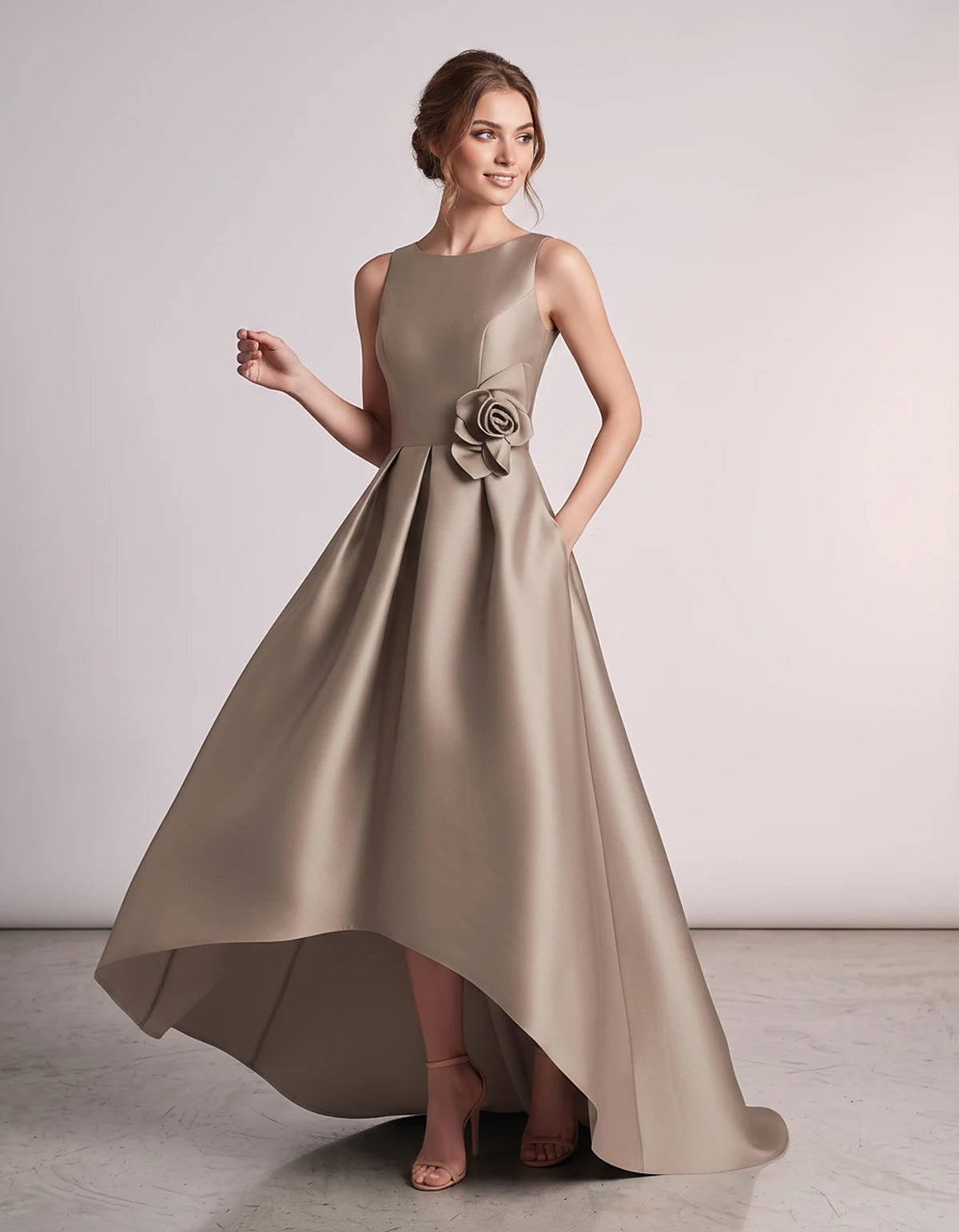 Satin Sleeveless Crew Neck A-Line High-Low Maxi Dress with Pockets for Wedding Guest, Party, Cocktail, Evening & Formal Event