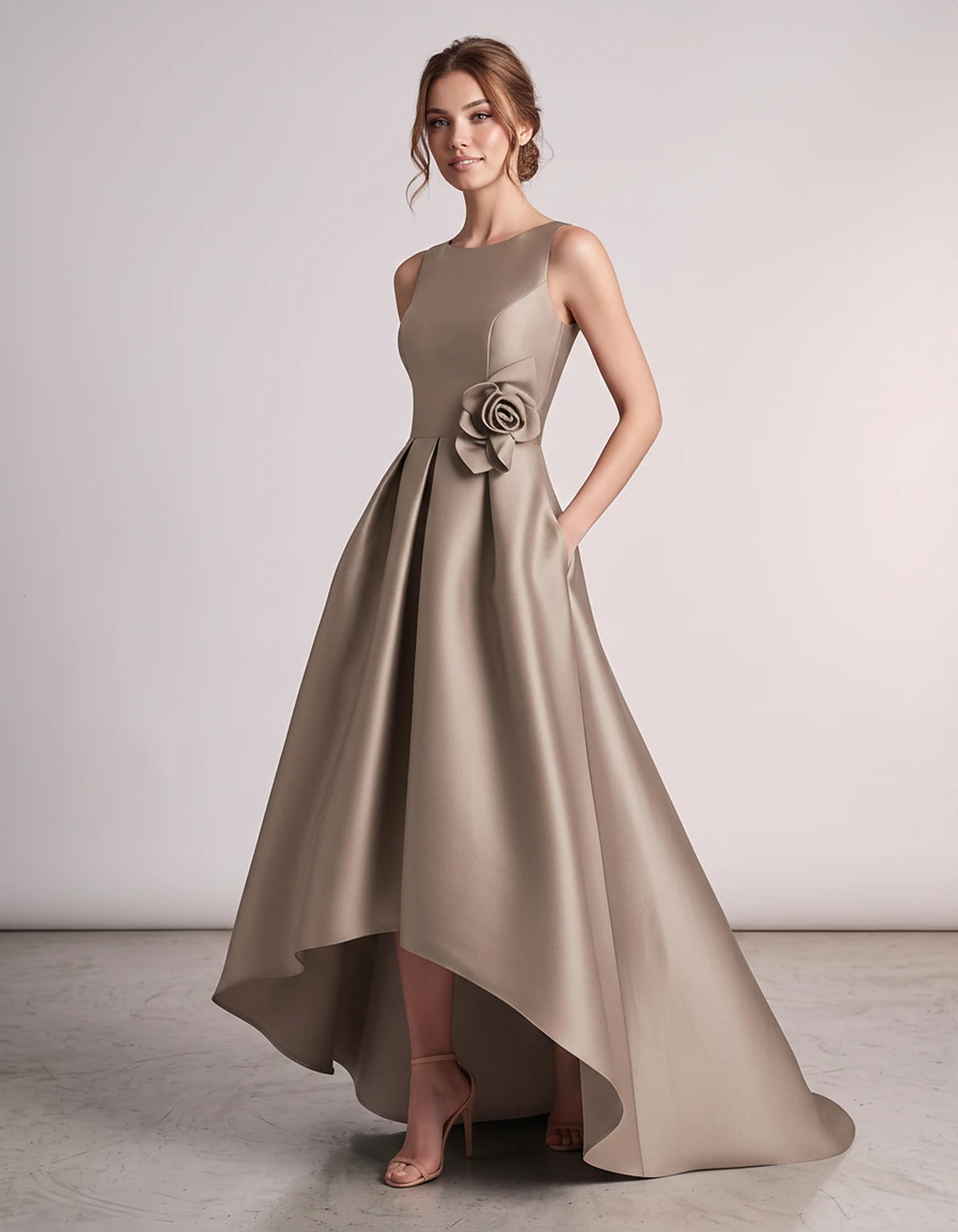 Satin Sleeveless Crew Neck A-Line High-Low Maxi Dress with Pockets for Wedding Guest, Party, Cocktail, Evening & Formal Event