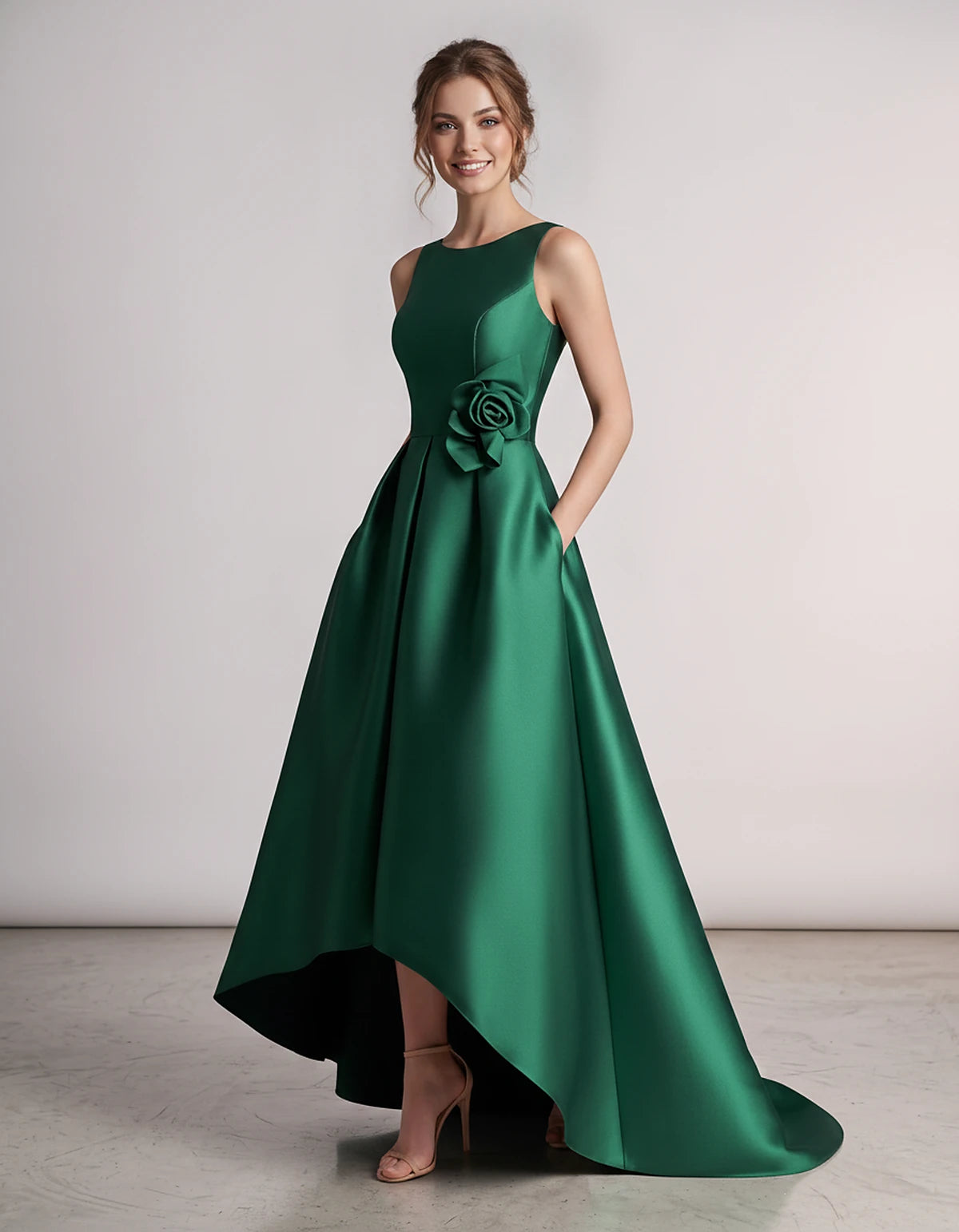 Satin Sleeveless Crew Neck A-Line High-Low Maxi Dress with Pockets for Wedding Guest, Party, Cocktail, Evening & Formal Event