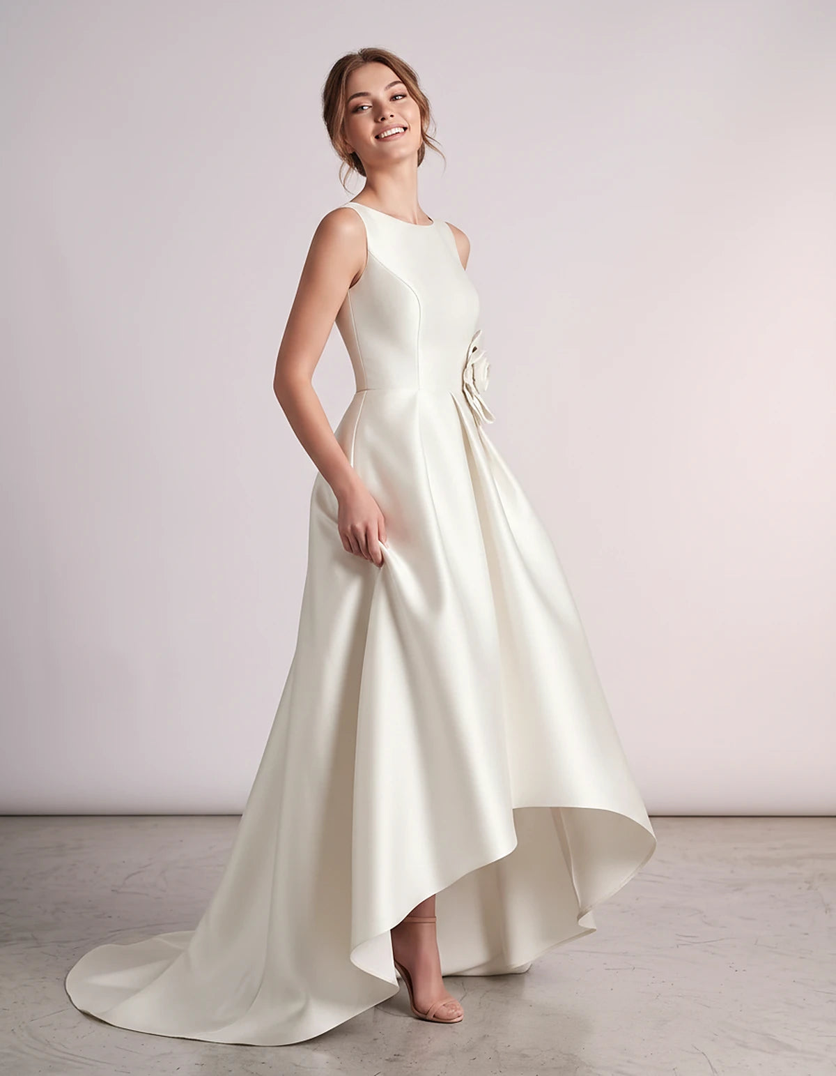 Satin Sleeveless Crew Neck A-Line High-Low Maxi Dress with Pockets for Wedding Guest, Party, Cocktail, Evening & Formal Event