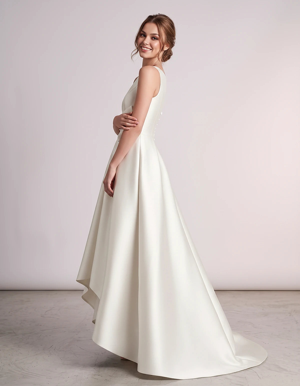 Satin Sleeveless Crew Neck A-Line High-Low Maxi Dress with Pockets for Wedding Guest, Party, Cocktail, Evening & Formal Event