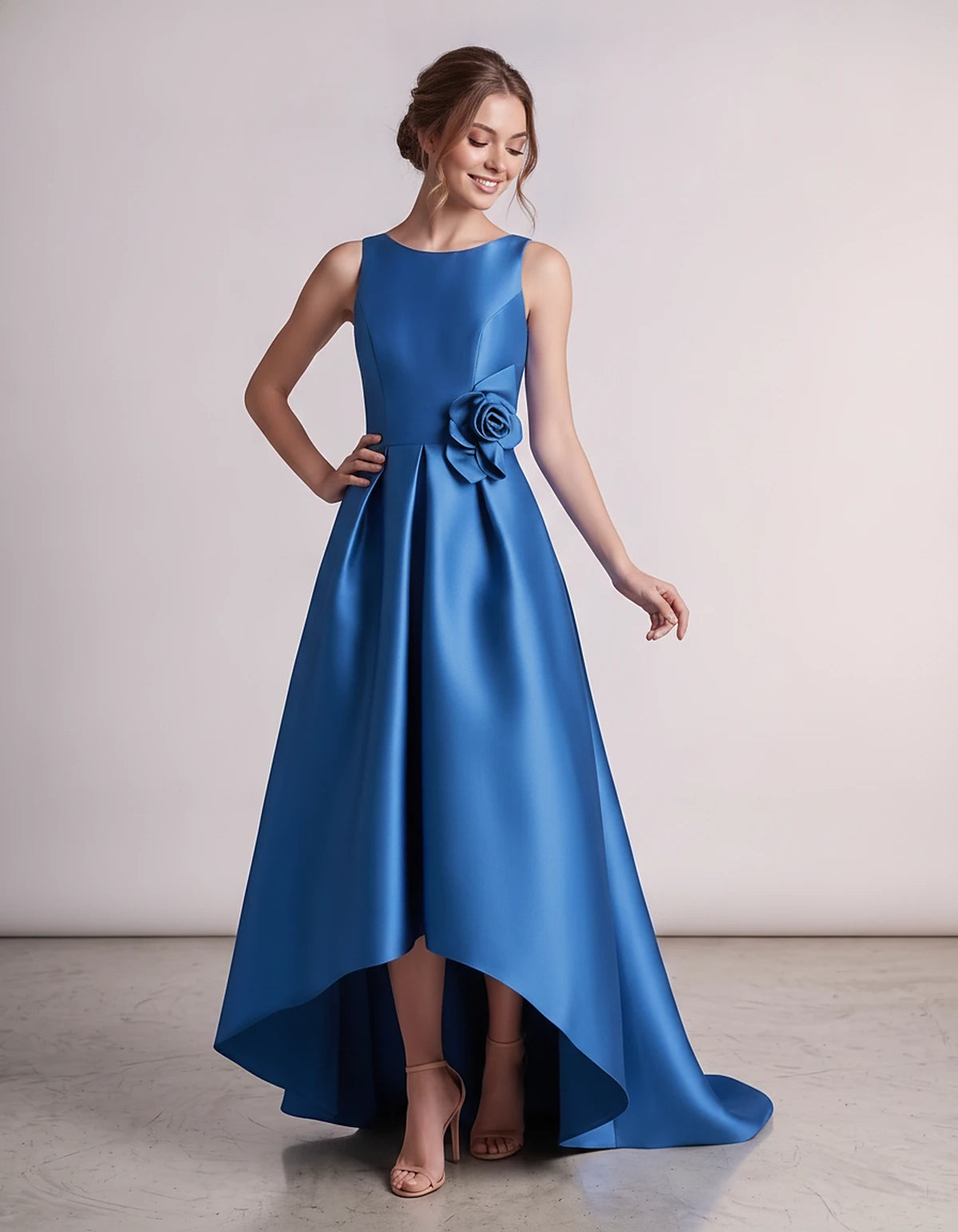 Satin Sleeveless Crew Neck A-Line High-Low Maxi Dress with Pockets for Wedding Guest, Party, Cocktail, Evening & Formal Event