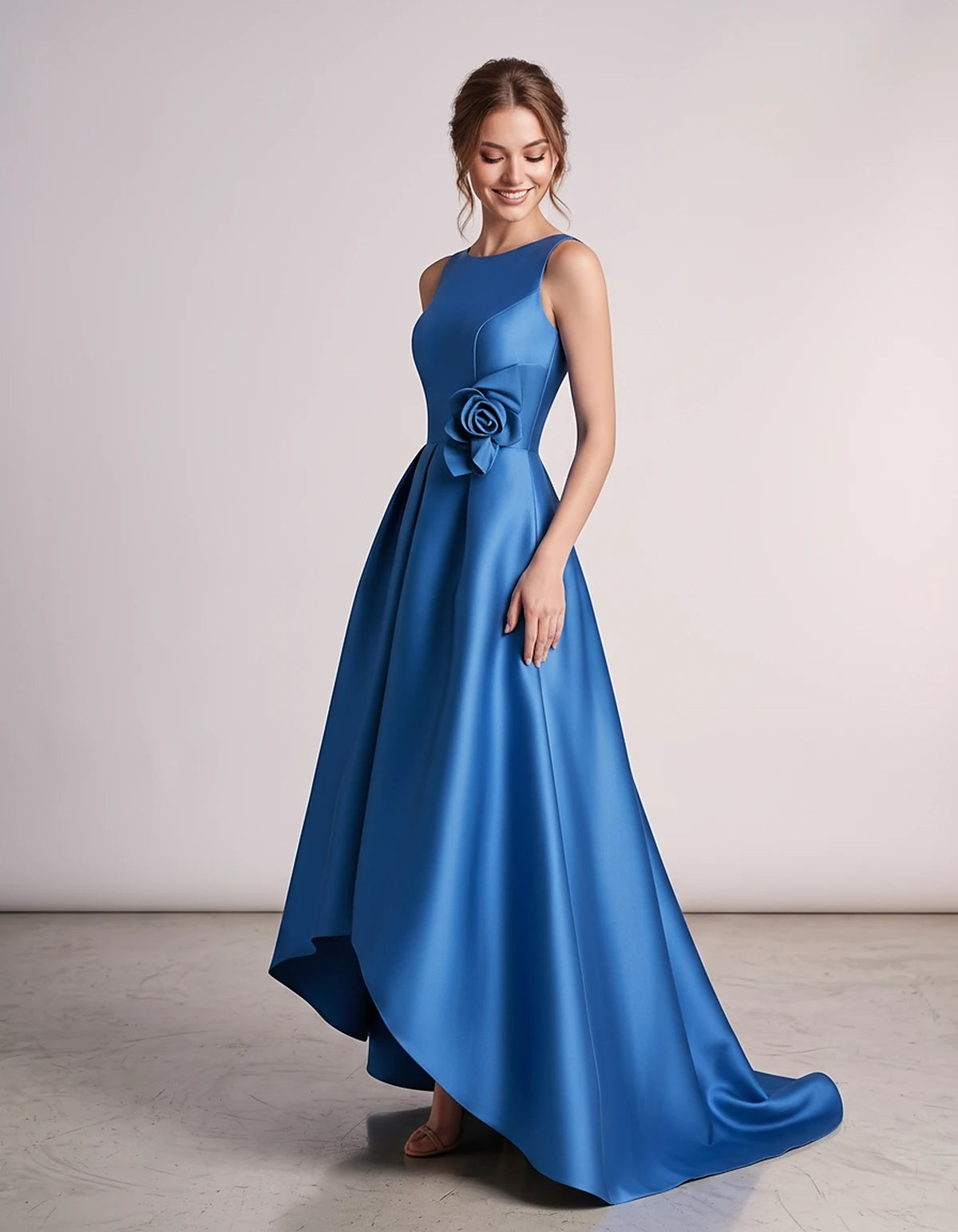 Satin Sleeveless Crew Neck A-Line High-Low Maxi Dress with Pockets for Wedding Guest, Party, Cocktail, Evening & Formal Event