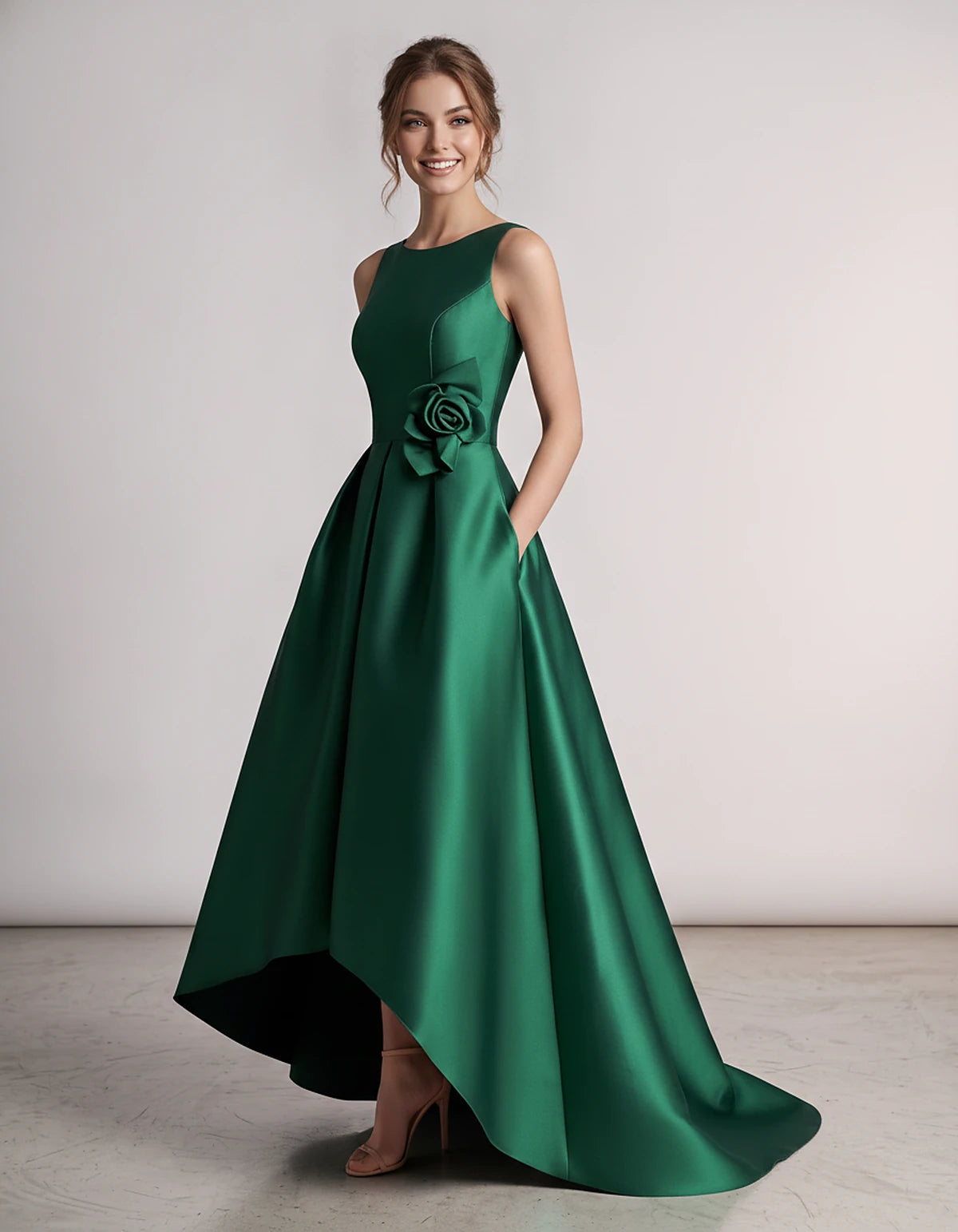 Satin Sleeveless Crew Neck A-Line High-Low Maxi Dress with Pockets for Wedding Guest, Party, Cocktail, Evening & Formal Event