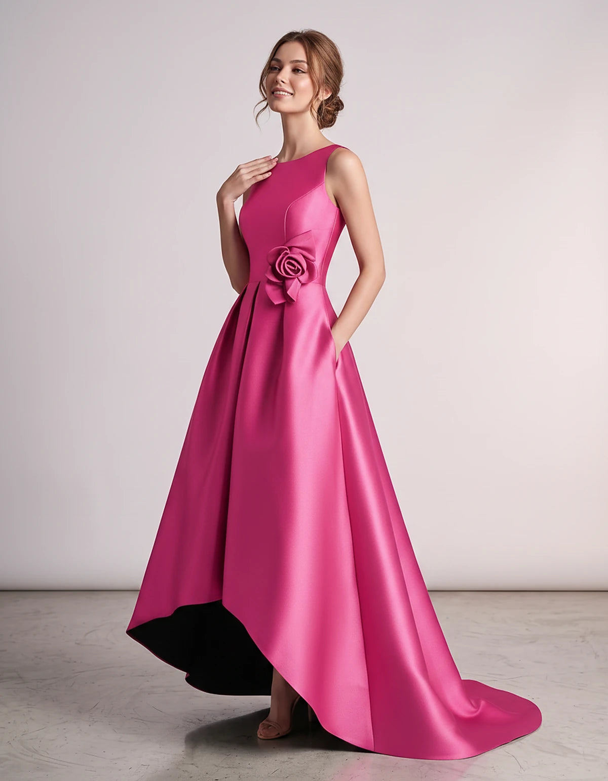 Satin Sleeveless Crew Neck A-Line High-Low Maxi Dress with Pockets for Wedding Guest, Party, Cocktail, Evening & Formal Event