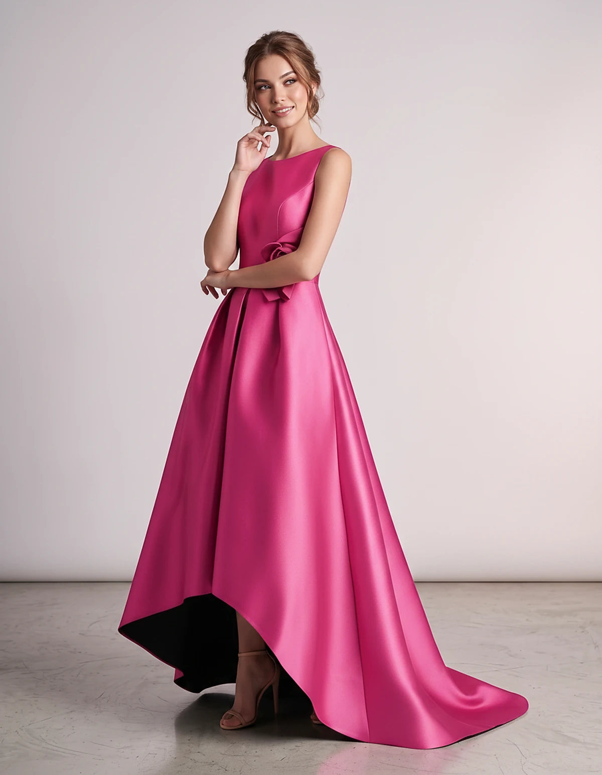 Satin Sleeveless Crew Neck A-Line High-Low Maxi Dress with Pockets for Wedding Guest, Party, Cocktail, Evening & Formal Event