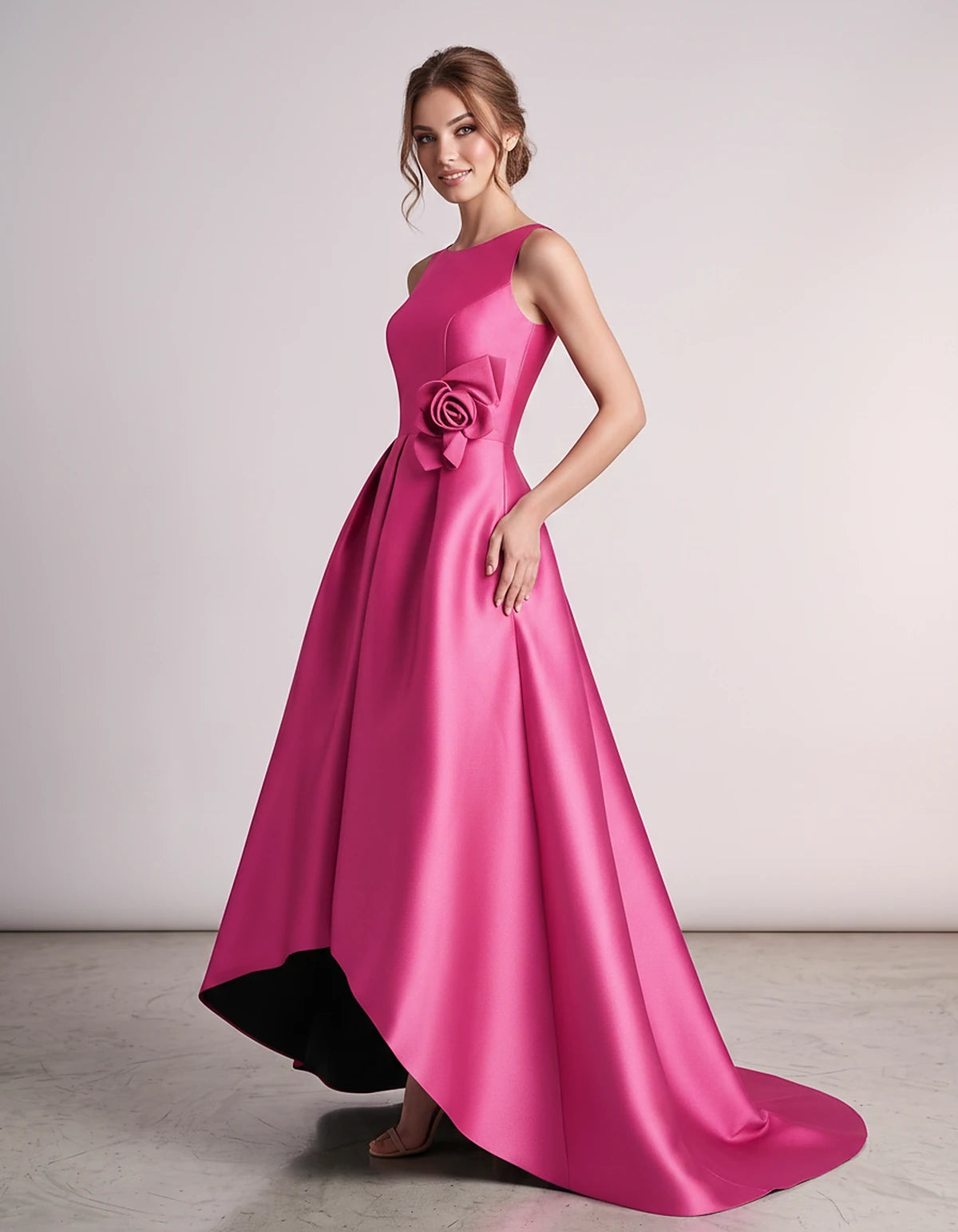 Satin Sleeveless Crew Neck A-Line High-Low Maxi Dress with Pockets for Wedding Guest, Party, Cocktail, Evening & Formal Event