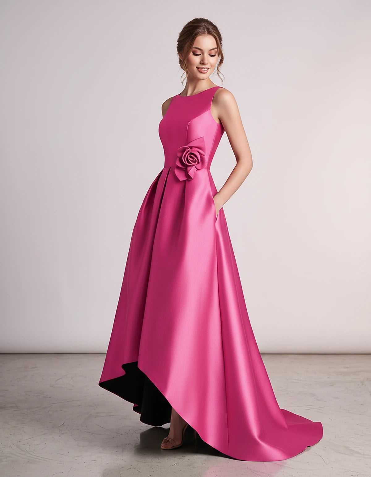 Satin Sleeveless Crew Neck A-Line High-Low Maxi Dress with Pockets for Wedding Guest, Party, Cocktail, Evening & Formal Event
