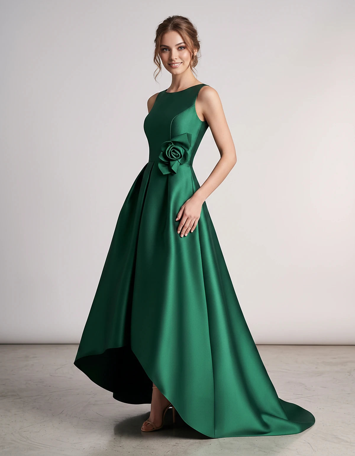 Satin Sleeveless Crew Neck A-Line High-Low Maxi Dress with Pockets for Wedding Guest, Party, Cocktail, Evening & Formal Event