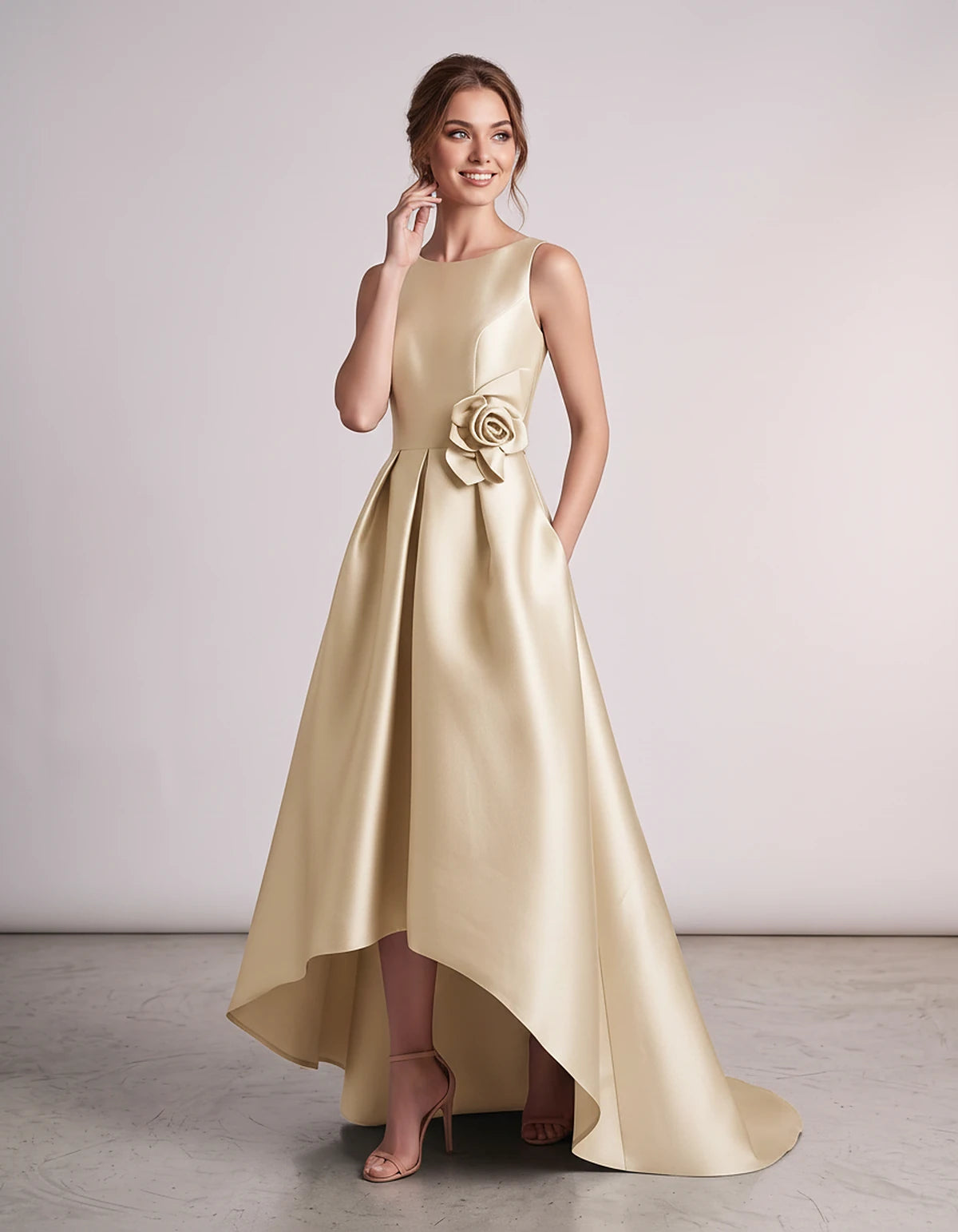 Satin Sleeveless Crew Neck A-Line High-Low Maxi Dress with Pockets for Wedding Guest, Party, Cocktail, Evening & Formal Event