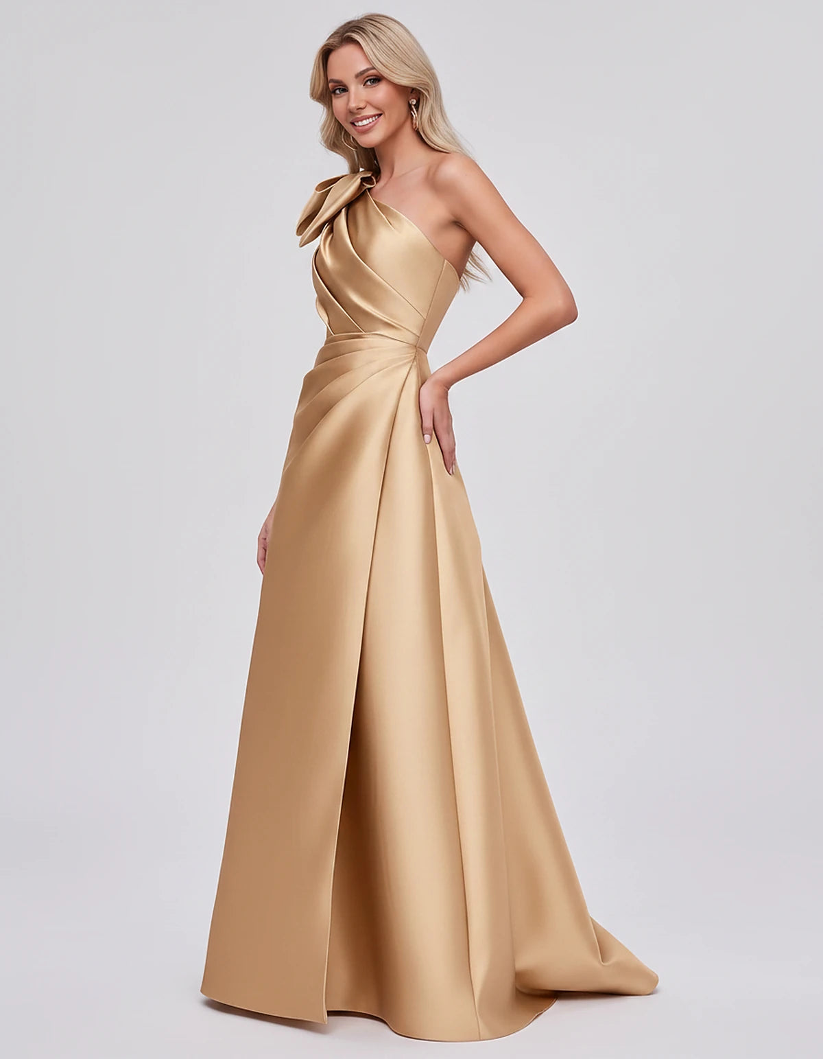 Satin Sleeveless One-Shoulder A-Line Maxi Dress with Bow for Prom, Party, Cocktail, Evening, Wedding Guest & Summer Events, s