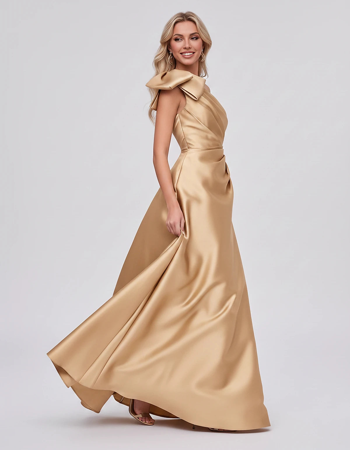 Satin Sleeveless One-Shoulder A-Line Maxi Dress with Bow for Prom, Party, Cocktail, Evening, Wedding Guest & Summer Events, s