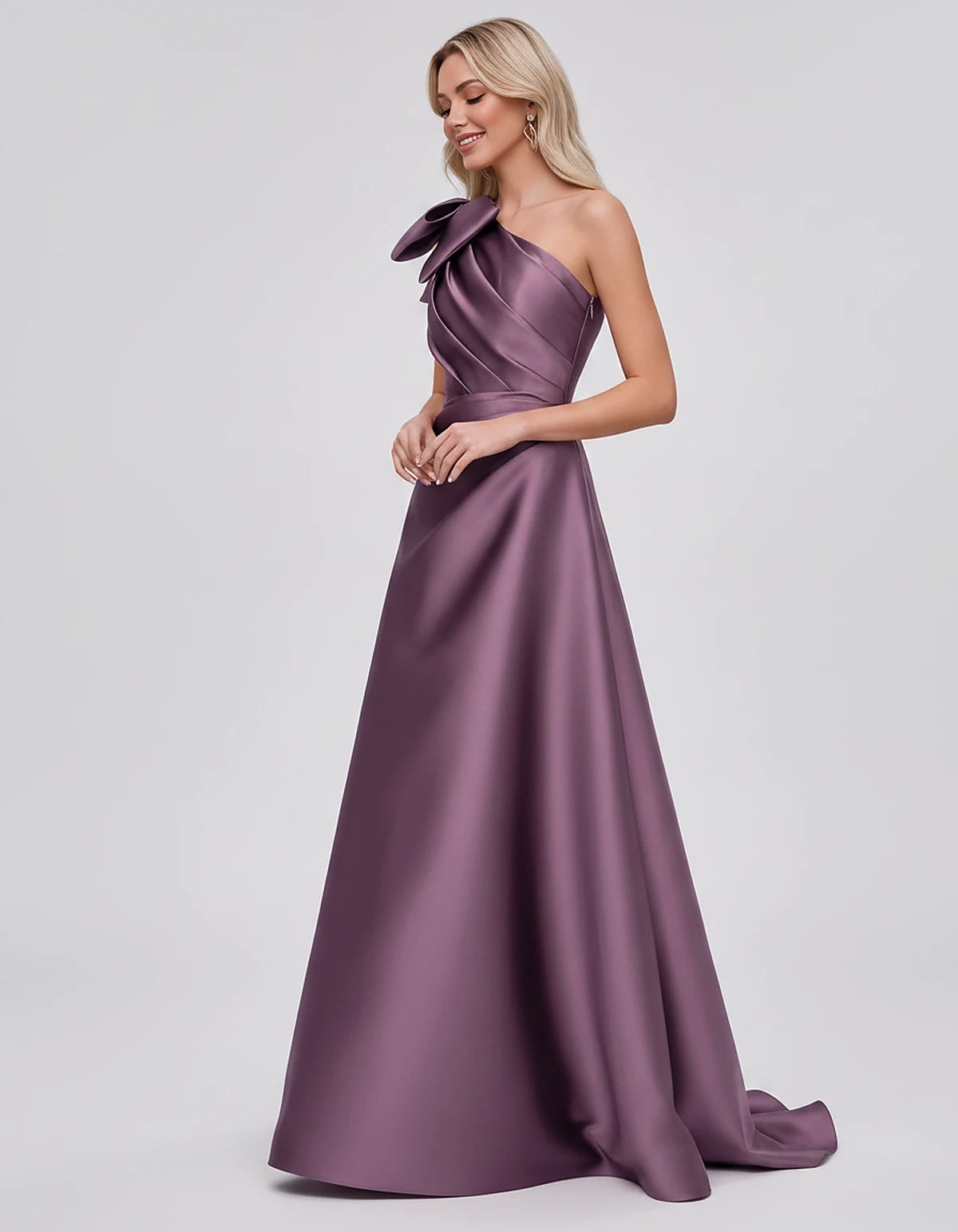 Satin Sleeveless One-Shoulder A-Line Maxi Dress with Bow for Prom, Party, Cocktail, Evening, Wedding Guest & Summer Events, s
