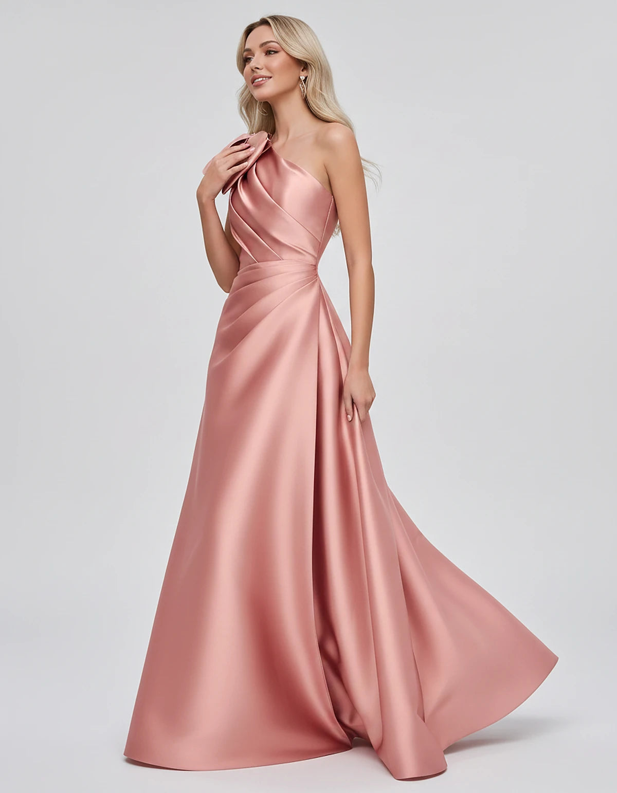 Satin Sleeveless One-Shoulder A-Line Maxi Dress with Bow for Prom, Party, Cocktail, Evening, Wedding Guest & Summer Events, s