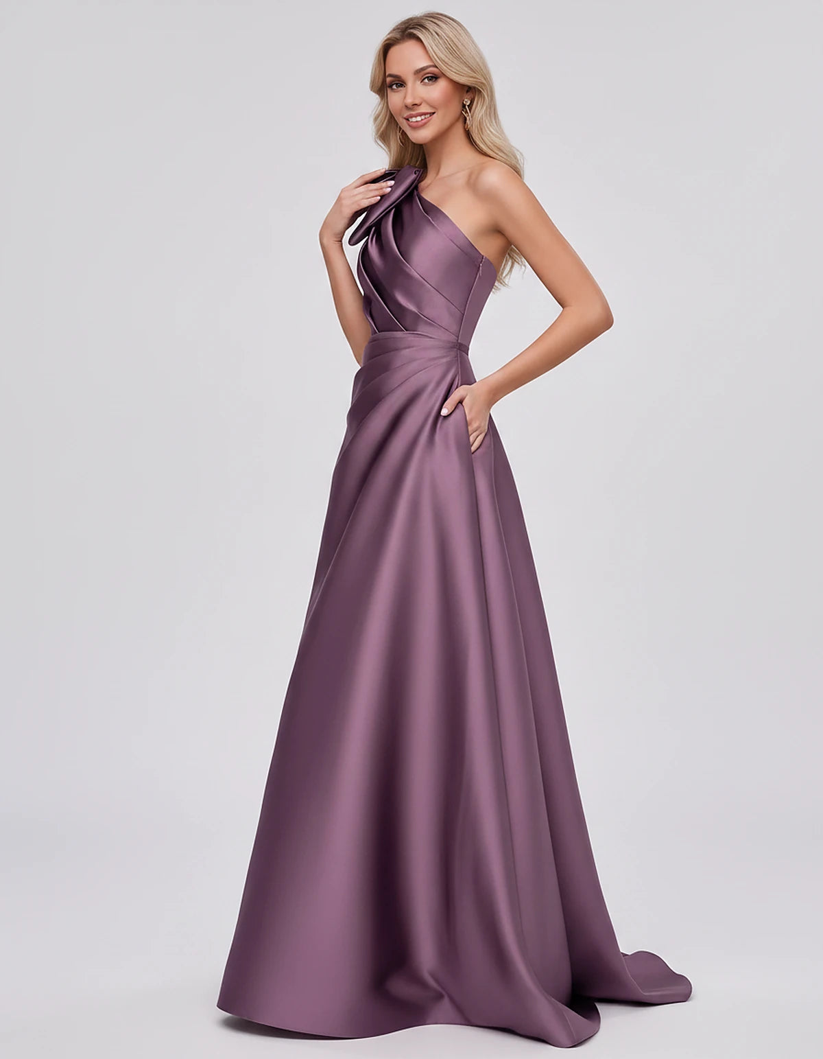 Satin Sleeveless One-Shoulder A-Line Maxi Dress with Bow for Prom, Party, Cocktail, Evening, Wedding Guest & Summer Events, s