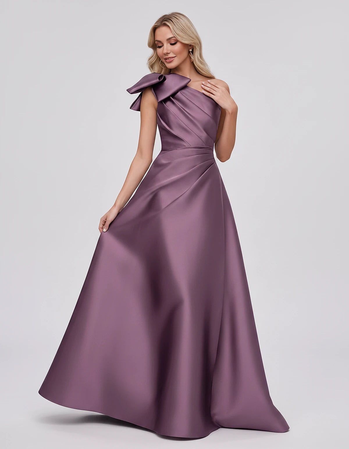 Satin Sleeveless One-Shoulder A-Line Maxi Dress with Bow for Prom, Party, Cocktail, Evening, Wedding Guest & Summer Events, f