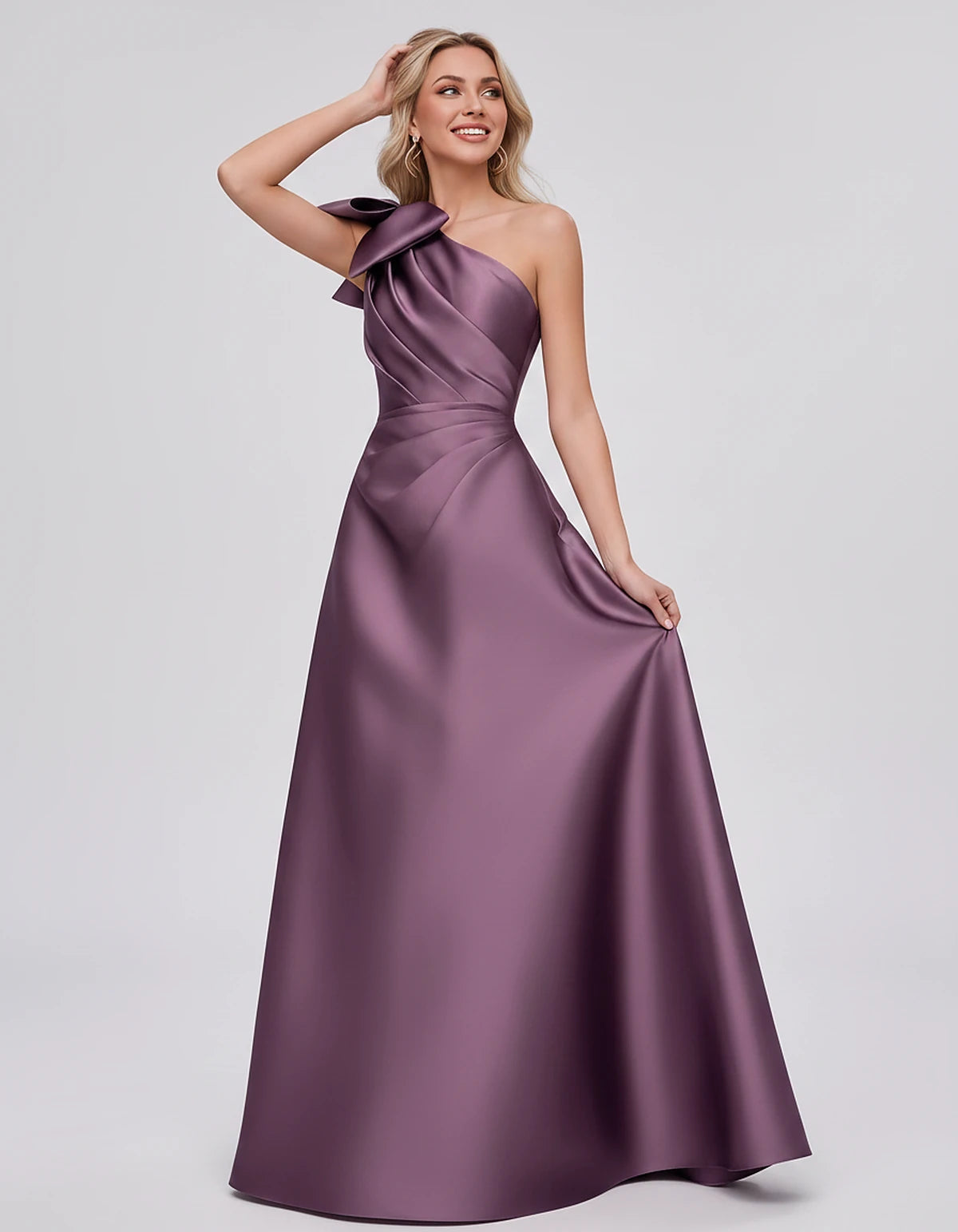 Satin Sleeveless One-Shoulder A-Line Maxi Dress with Bow for Prom, Party, Cocktail, Evening, Wedding Guest & Summer Events, f