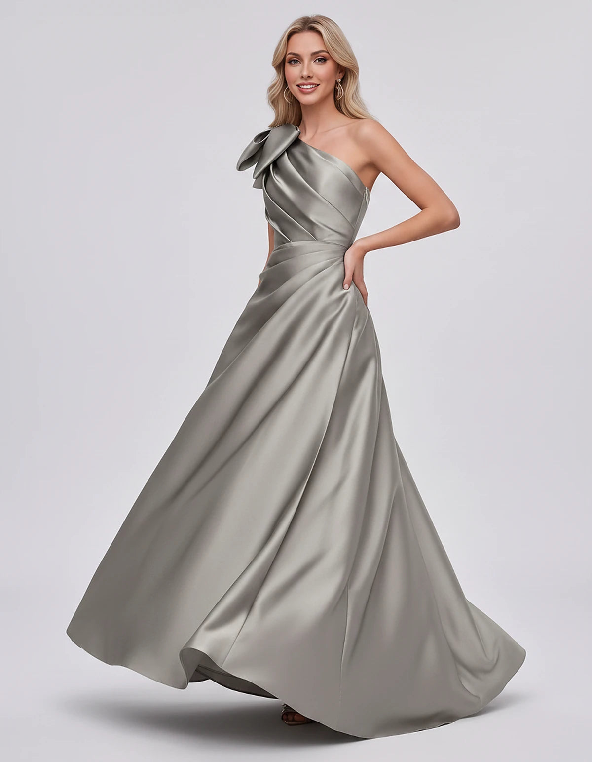 Satin Sleeveless One-Shoulder A-Line Maxi Dress with Bow for Prom, Party, Cocktail, Evening, Wedding Guest & Summer Events, f