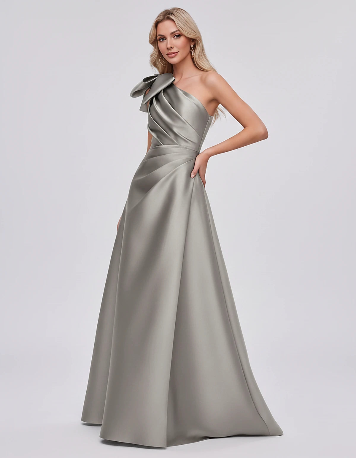 Satin Sleeveless One-Shoulder A-Line Maxi Dress with Bow for Prom, Party, Cocktail, Evening, Wedding Guest & Summer Events, s