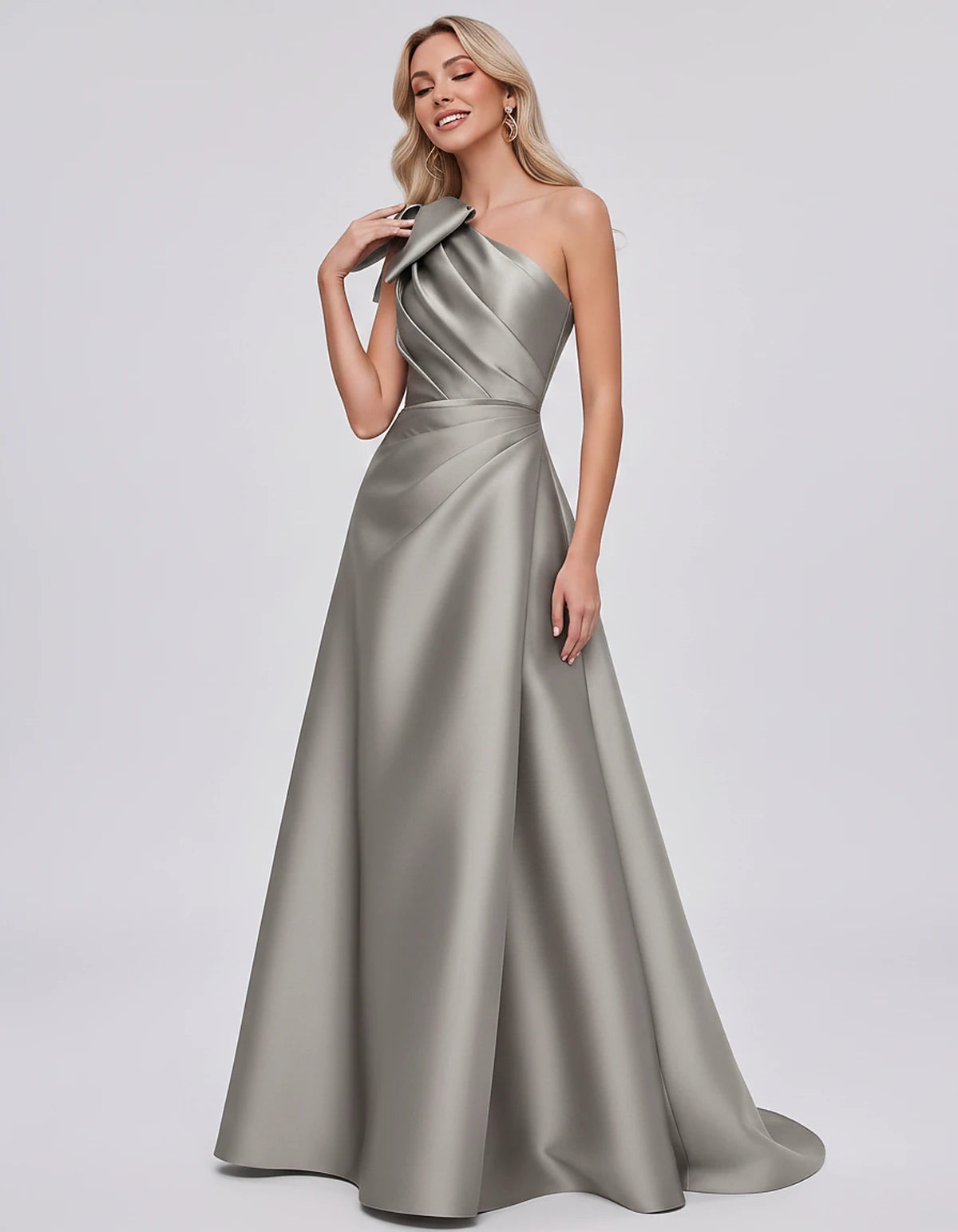 Satin Sleeveless One-Shoulder A-Line Maxi Dress with Bow for Prom, Party, Cocktail, Evening, Wedding Guest & Summer Events, f