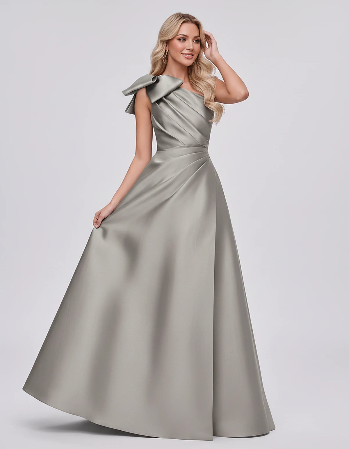 Satin Sleeveless One-Shoulder A-Line Maxi Dress with Bow for Prom, Party, Cocktail, Evening, Wedding Guest & Summer Events, f