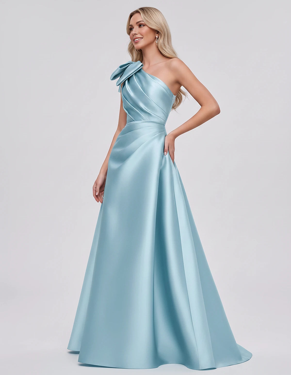 Satin Sleeveless One-Shoulder A-Line Maxi Dress with Bow for Prom, Party, Cocktail, Evening, Wedding Guest & Summer Events, s