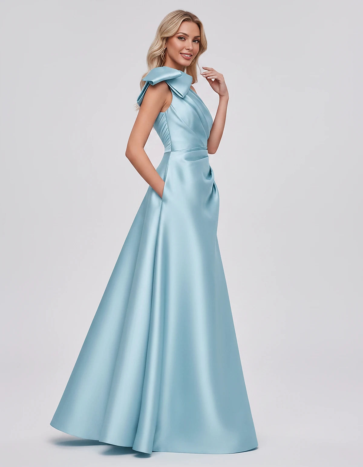 Satin Sleeveless One-Shoulder A-Line Maxi Dress with Bow for Prom, Party, Cocktail, Evening, Wedding Guest & Summer Events, s