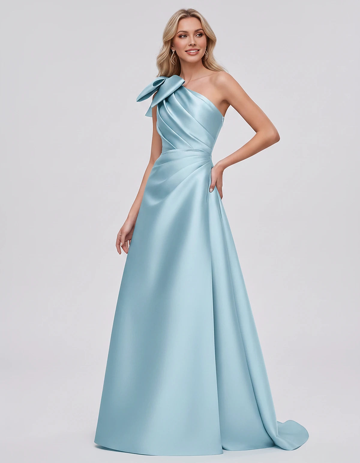 Satin Sleeveless One-Shoulder A-Line Maxi Dress with Bow for Prom, Party, Cocktail, Evening, Wedding Guest & Summer Events, f