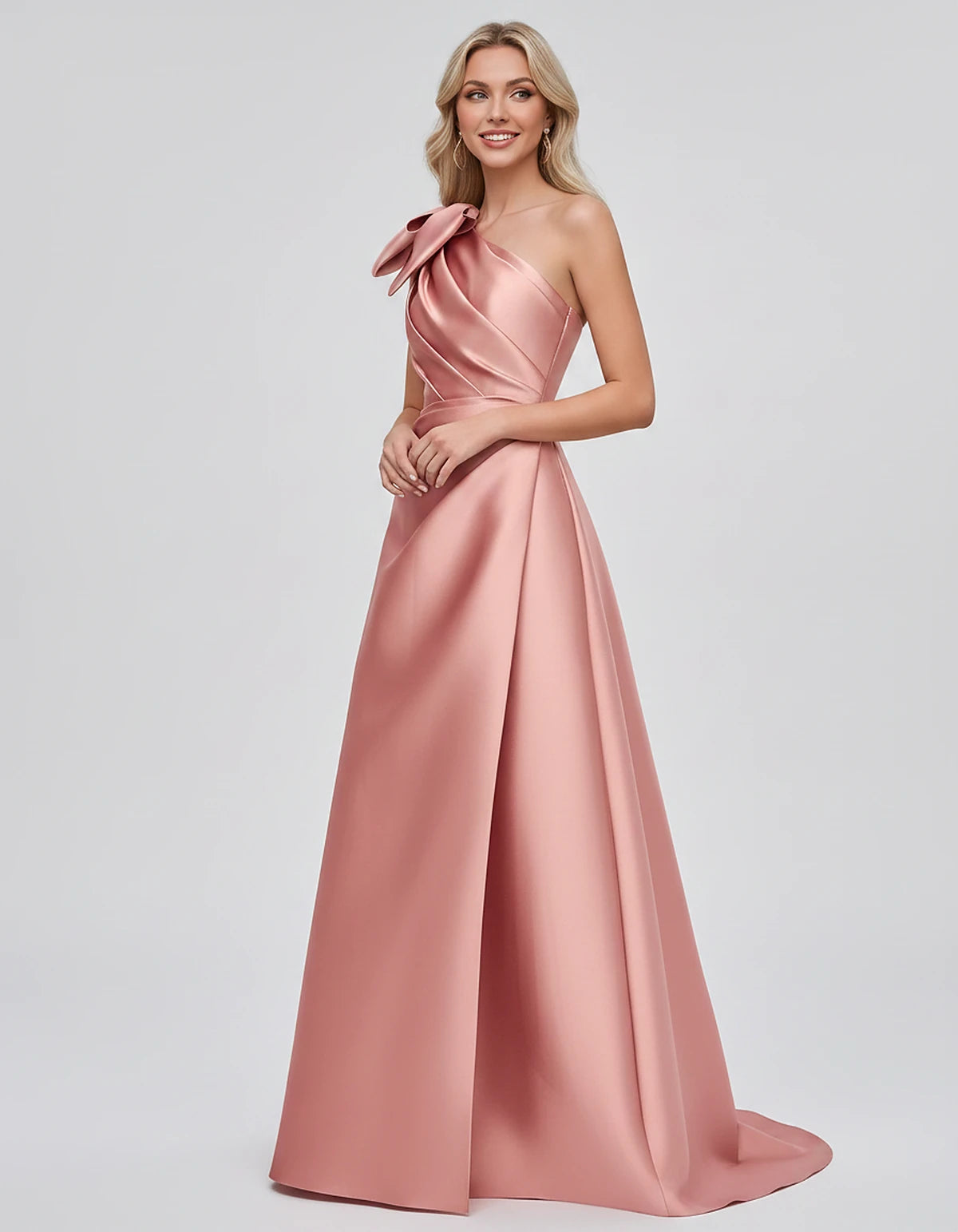 Satin Sleeveless One-Shoulder A-Line Maxi Dress with Bow for Prom, Party, Cocktail, Evening, Wedding Guest & Summer Events, s