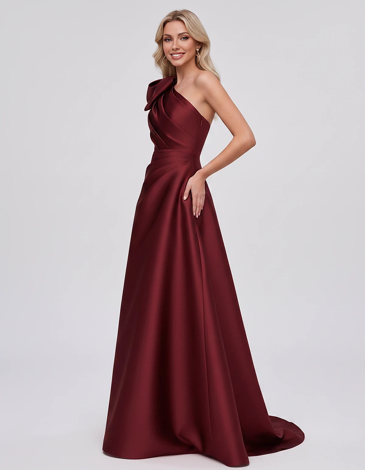 Satin Sleeveless One-Shoulder A-Line Maxi Dress with Bow for Prom, Party, Cocktail, Evening, Wedding Guest & Summer Events, s