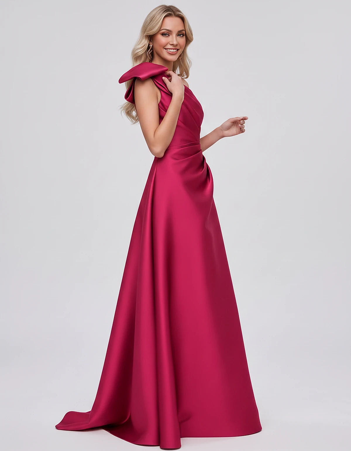 Satin Sleeveless One-Shoulder A-Line Maxi Dress with Bow for Prom, Party, Cocktail, Evening, Wedding Guest & Summer Events, s