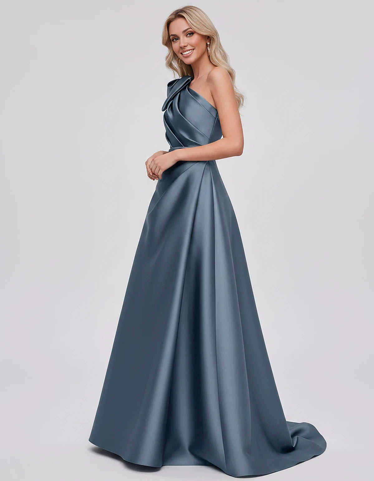 Satin Sleeveless One-Shoulder A-Line Maxi Dress with Bow for Prom, Party, Cocktail, Evening, Wedding Guest & Summer Events, s