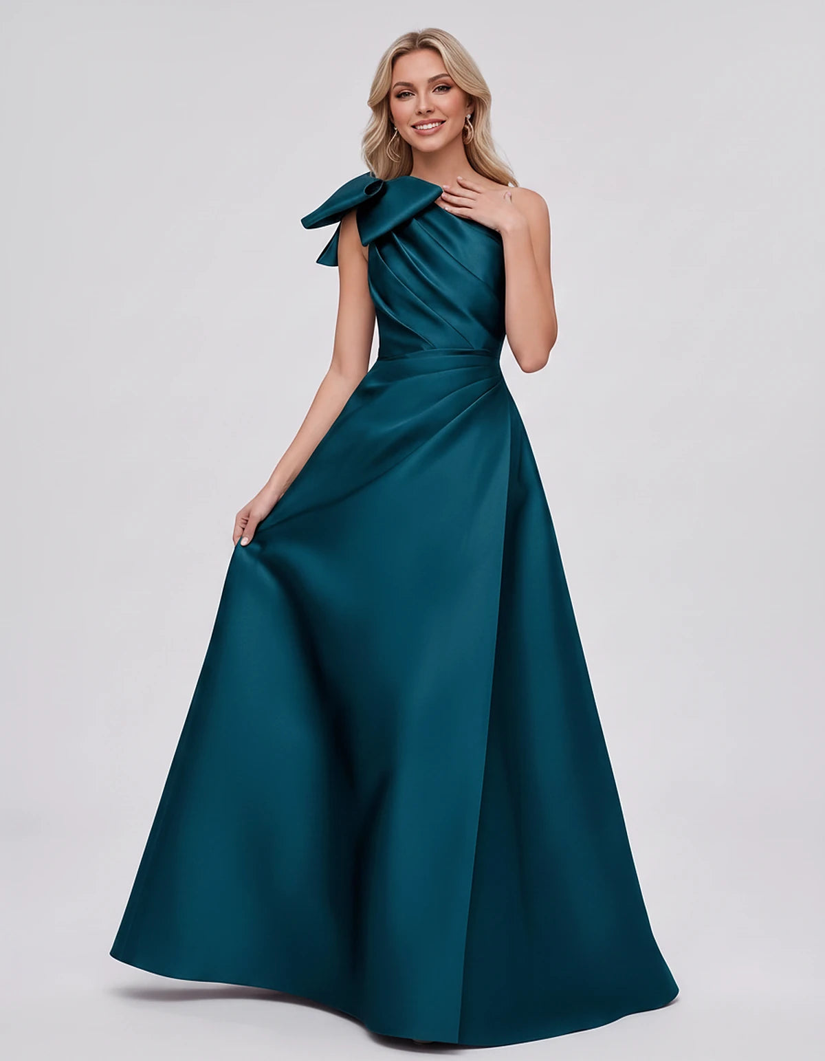 Satin Sleeveless One-Shoulder A-Line Maxi Dress with Bow for Prom, Party, Cocktail, Evening, Wedding Guest & Summer Events, f
